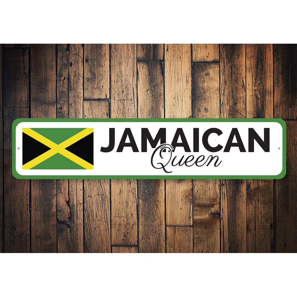 Jamaican Queen Sign made of high-quality aluminum, featuring vibrant colors and customizable text, perfect for home decor.