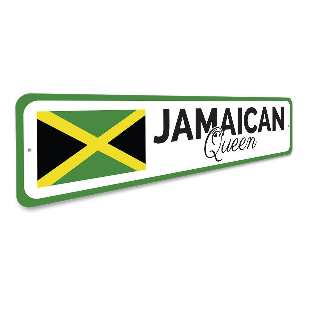 Jamaican Queen Sign made of high-quality aluminum, featuring vibrant colors and customizable text, perfect for home decor.