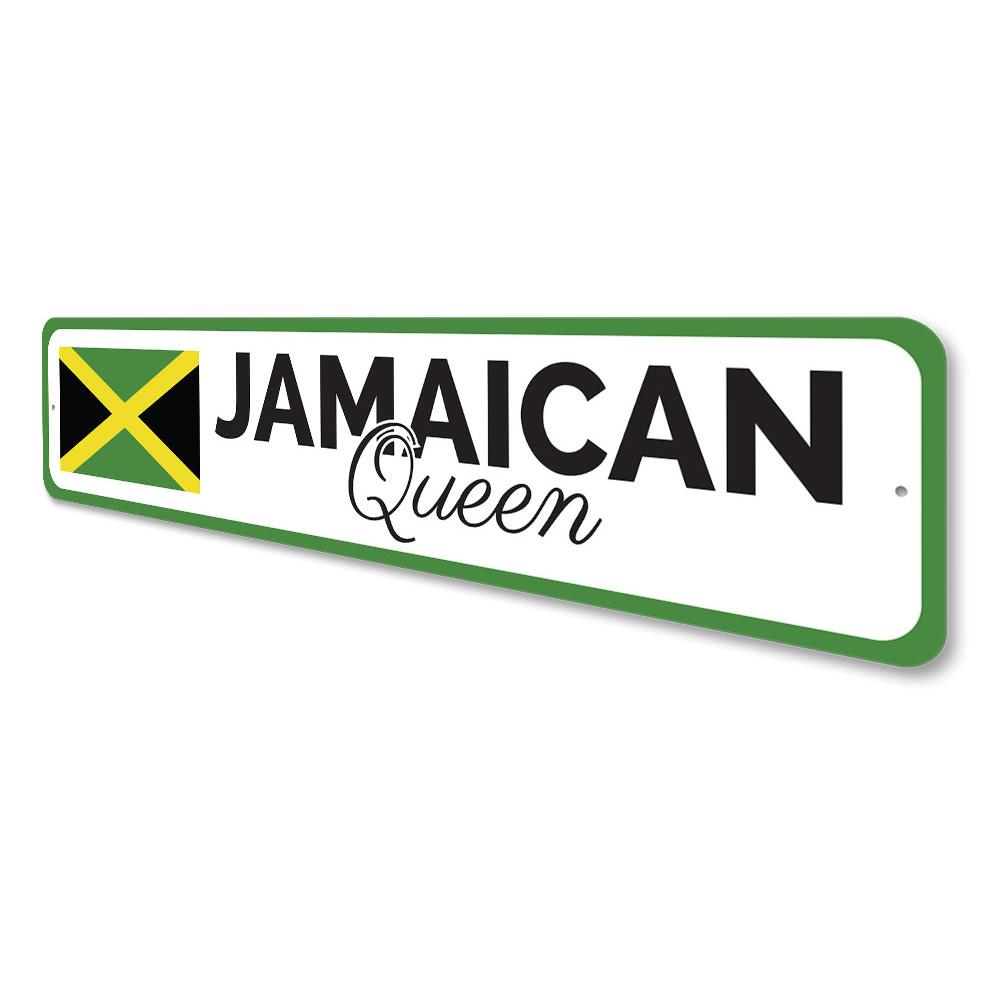 Jamaican Queen Sign made of high-quality aluminum, featuring vibrant colors and customizable text, perfect for home decor.