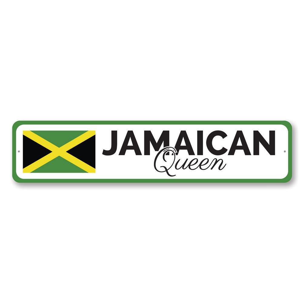 Jamaican Queen Sign made of high-quality aluminum, featuring vibrant colors and customizable text, perfect for home decor.