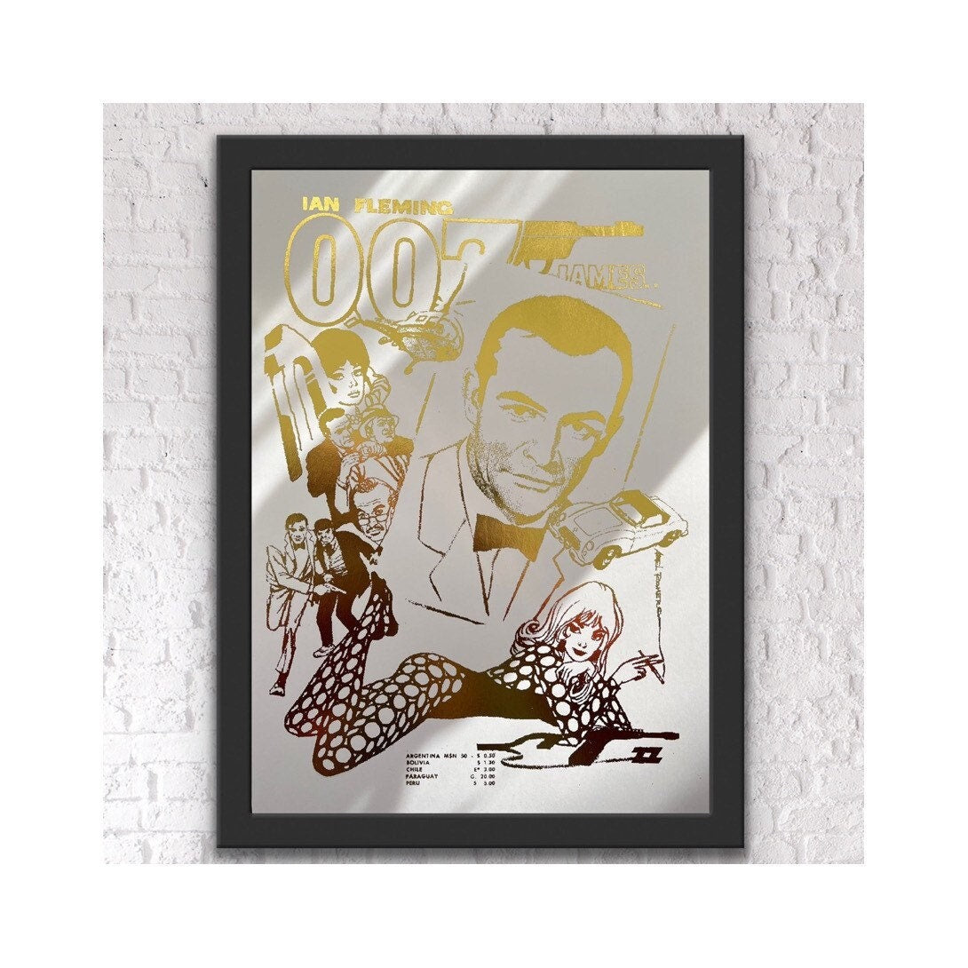 James Bond Foil Print featuring a comic cover with gold foil accents, showcasing the iconic spy in a vibrant design.