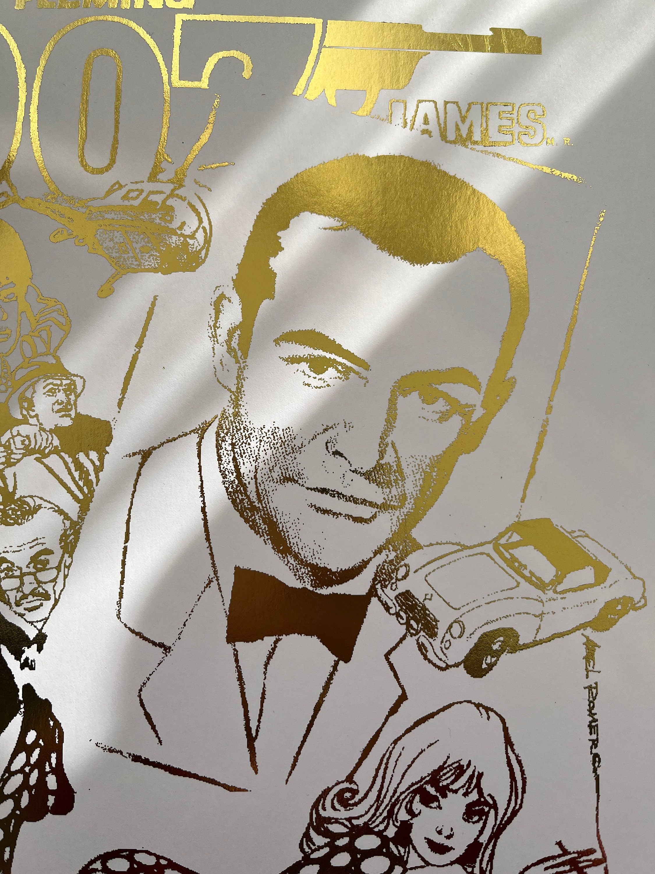 James Bond Foil Print featuring a comic cover with gold foil accents, showcasing the iconic spy in a vibrant design.