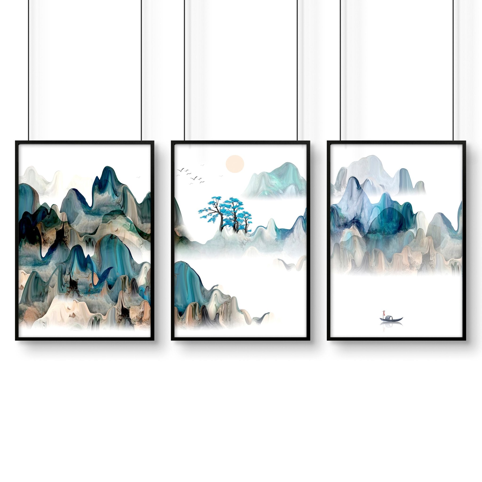 A serene set of three Japanese wall art prints featuring tranquil sunrise landscapes in teal and beige hues, perfect for living room decor.