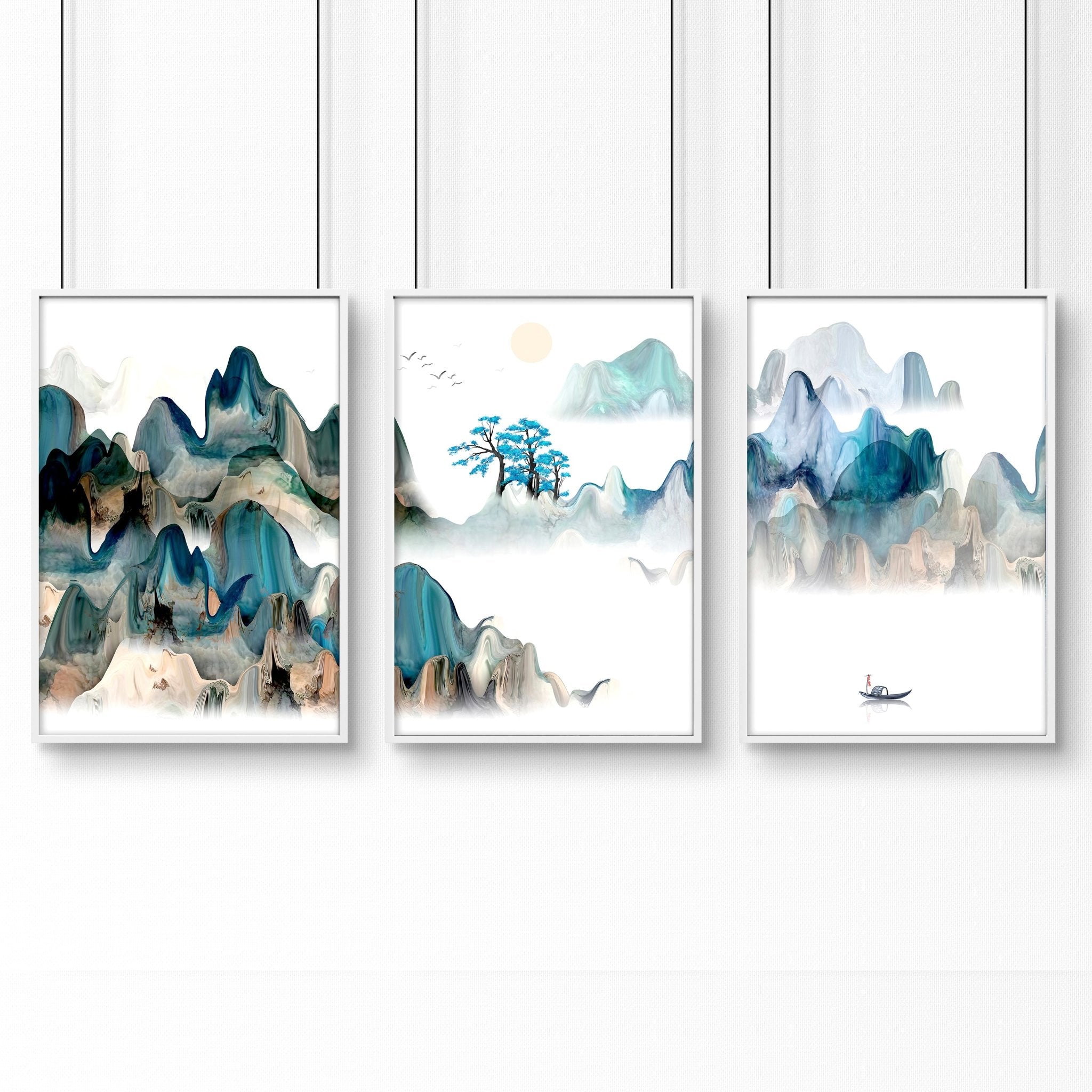 A serene set of three Japanese wall art prints featuring tranquil sunrise landscapes in teal and beige hues, perfect for living room decor.