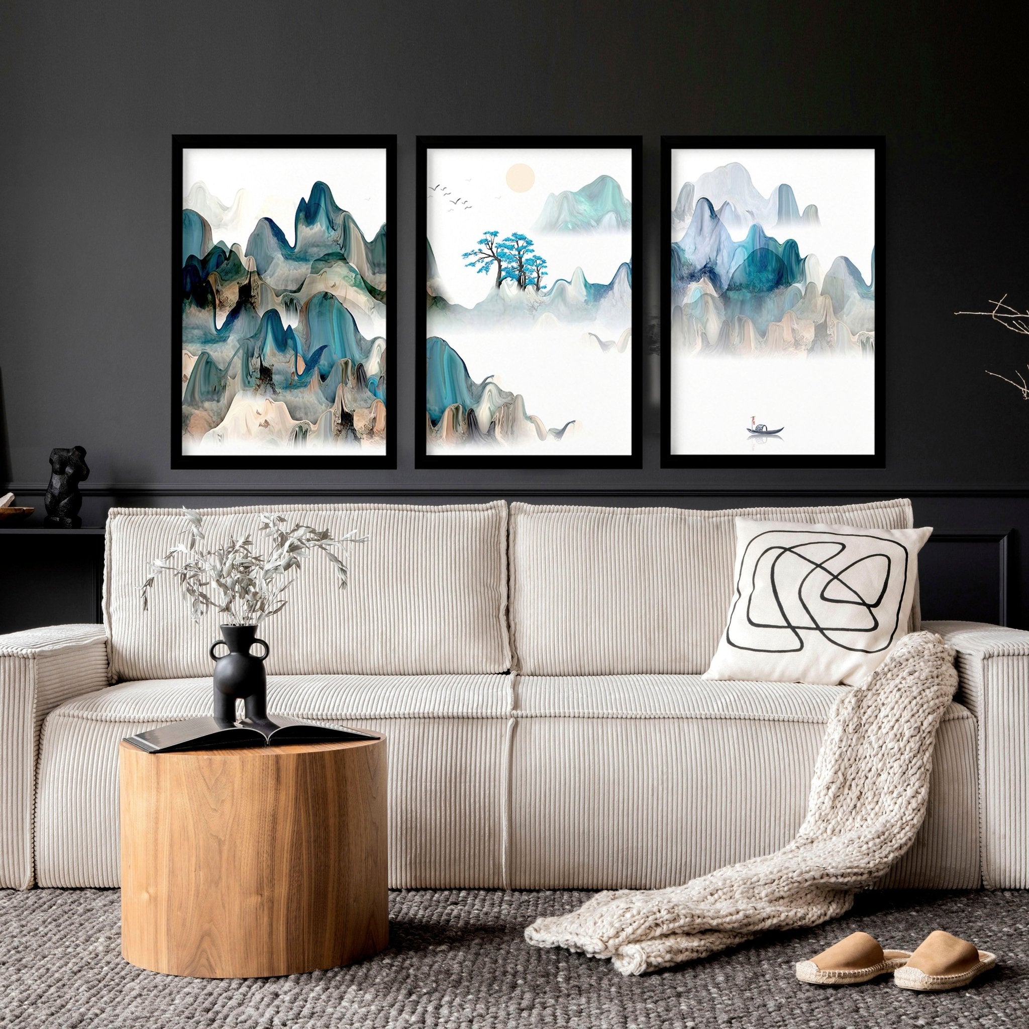 A serene set of three Japanese wall art prints featuring tranquil sunrise landscapes in teal and beige hues, perfect for living room decor.