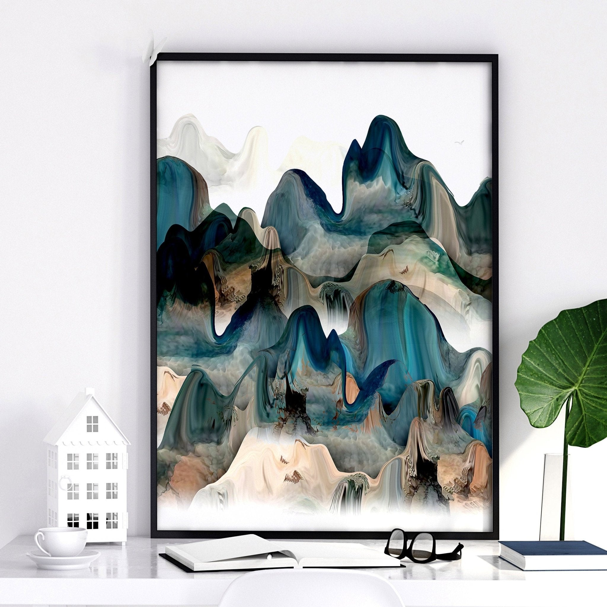 A serene set of three Japanese wall art prints featuring tranquil sunrise landscapes in teal and beige hues, perfect for living room decor.