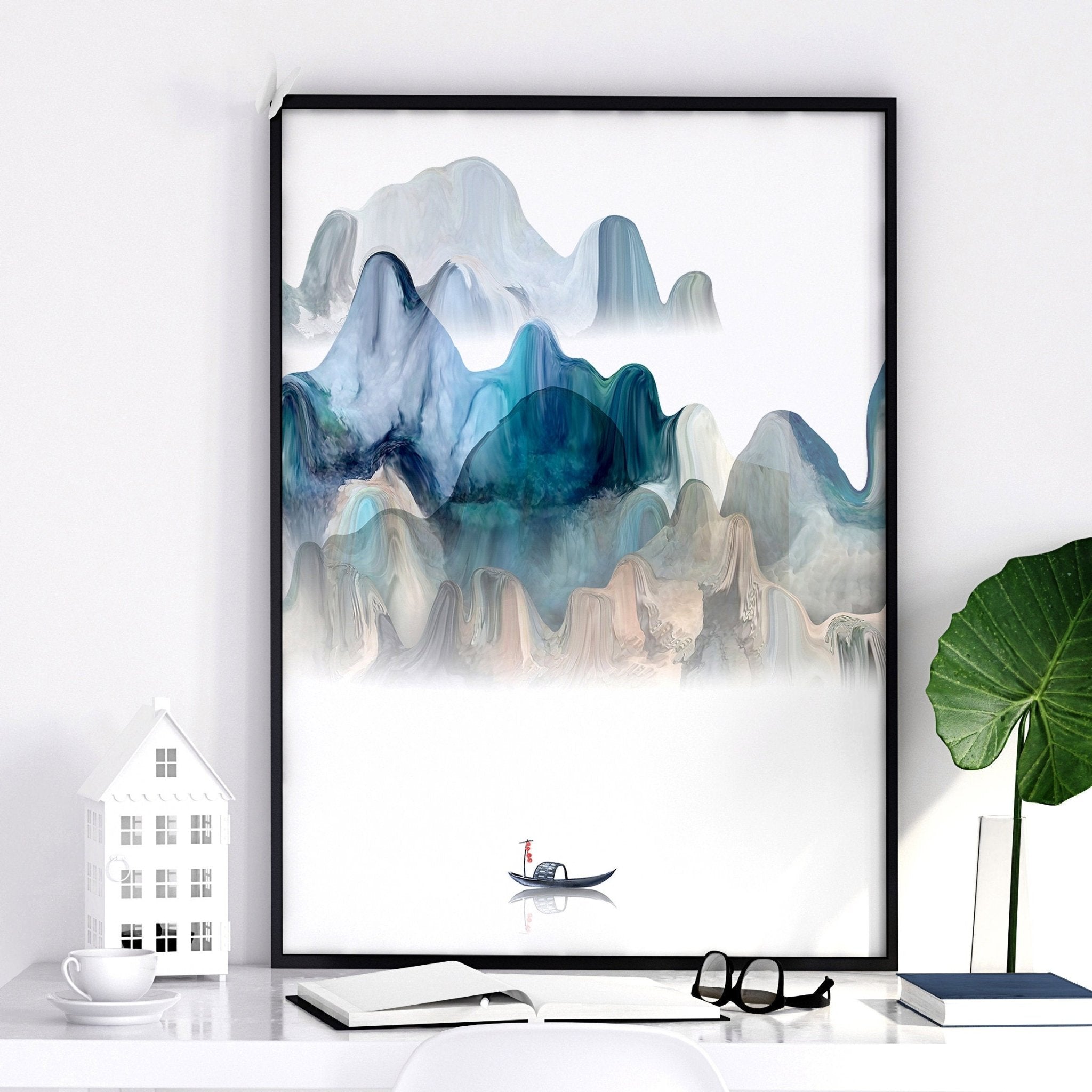 A serene set of three Japanese wall art prints featuring tranquil sunrise landscapes in teal and beige hues, perfect for living room decor.