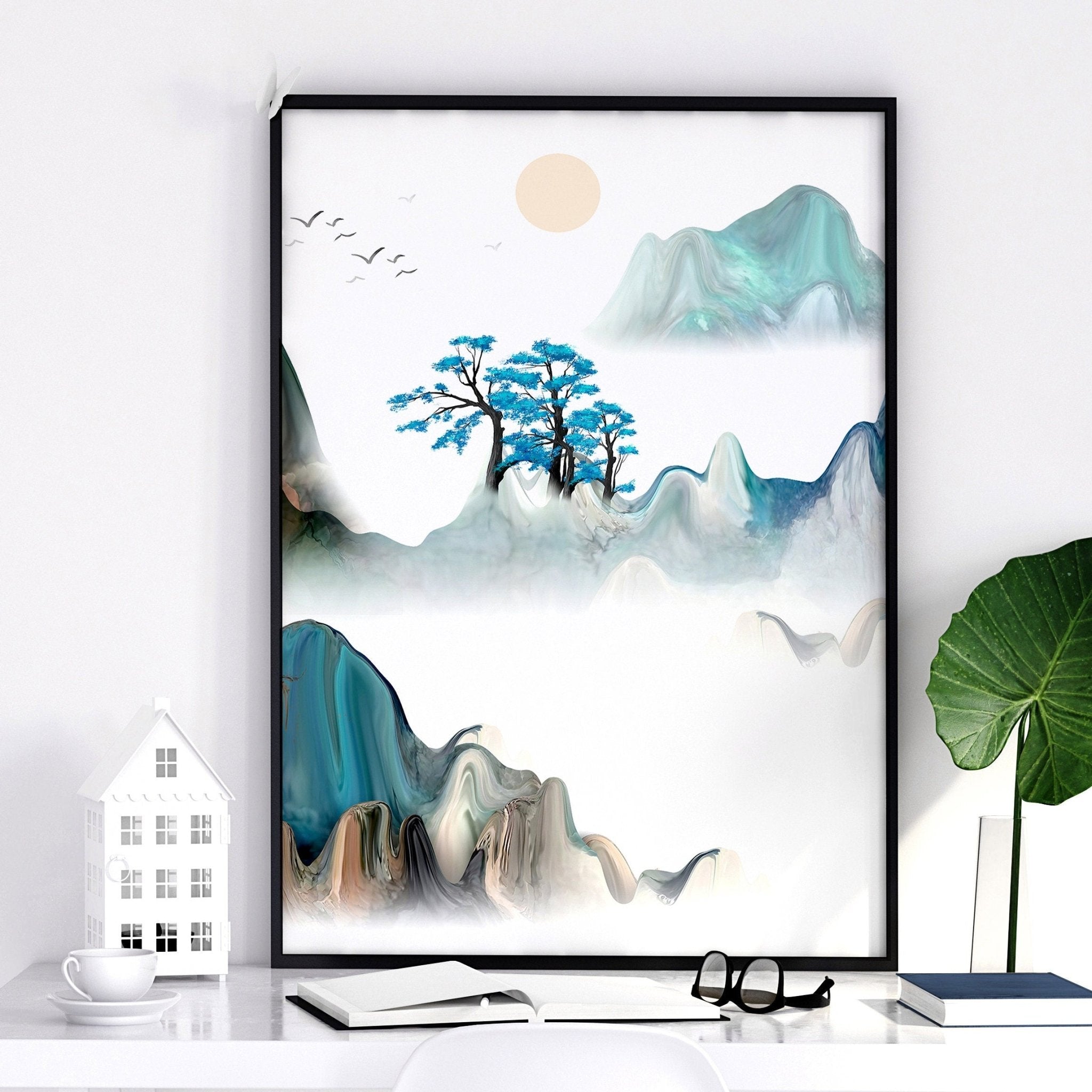 A serene set of three Japanese wall art prints featuring tranquil sunrise landscapes in teal and beige hues, perfect for living room decor.