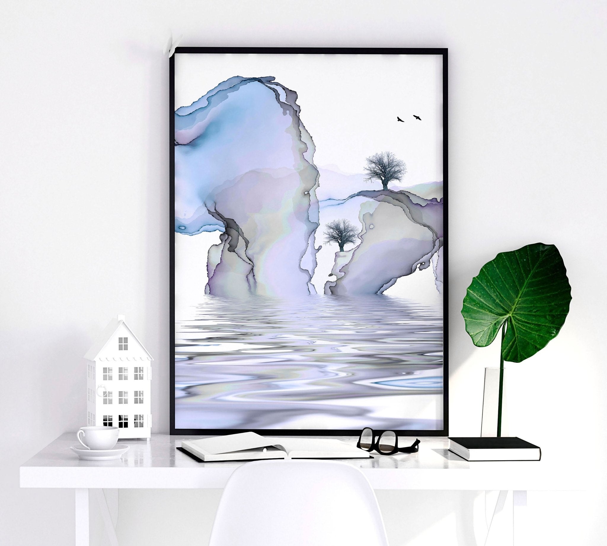 Set of 3 framed wall art prints featuring light blue ethereal Japanese landscapes, perfect for creating a serene bedroom atmosphere.