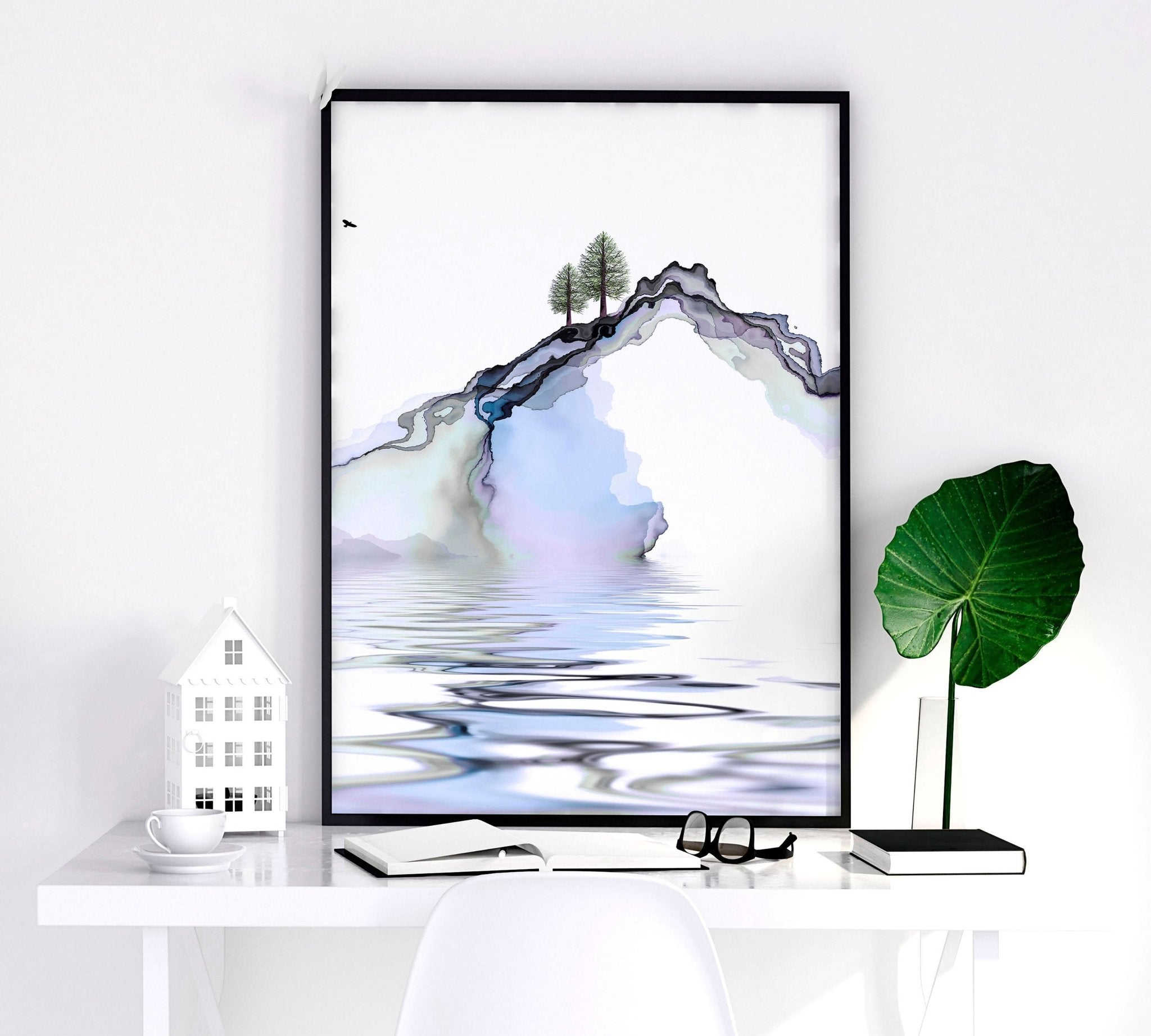 Set of 3 framed wall art prints featuring light blue ethereal Japanese landscapes, perfect for creating a serene bedroom atmosphere.