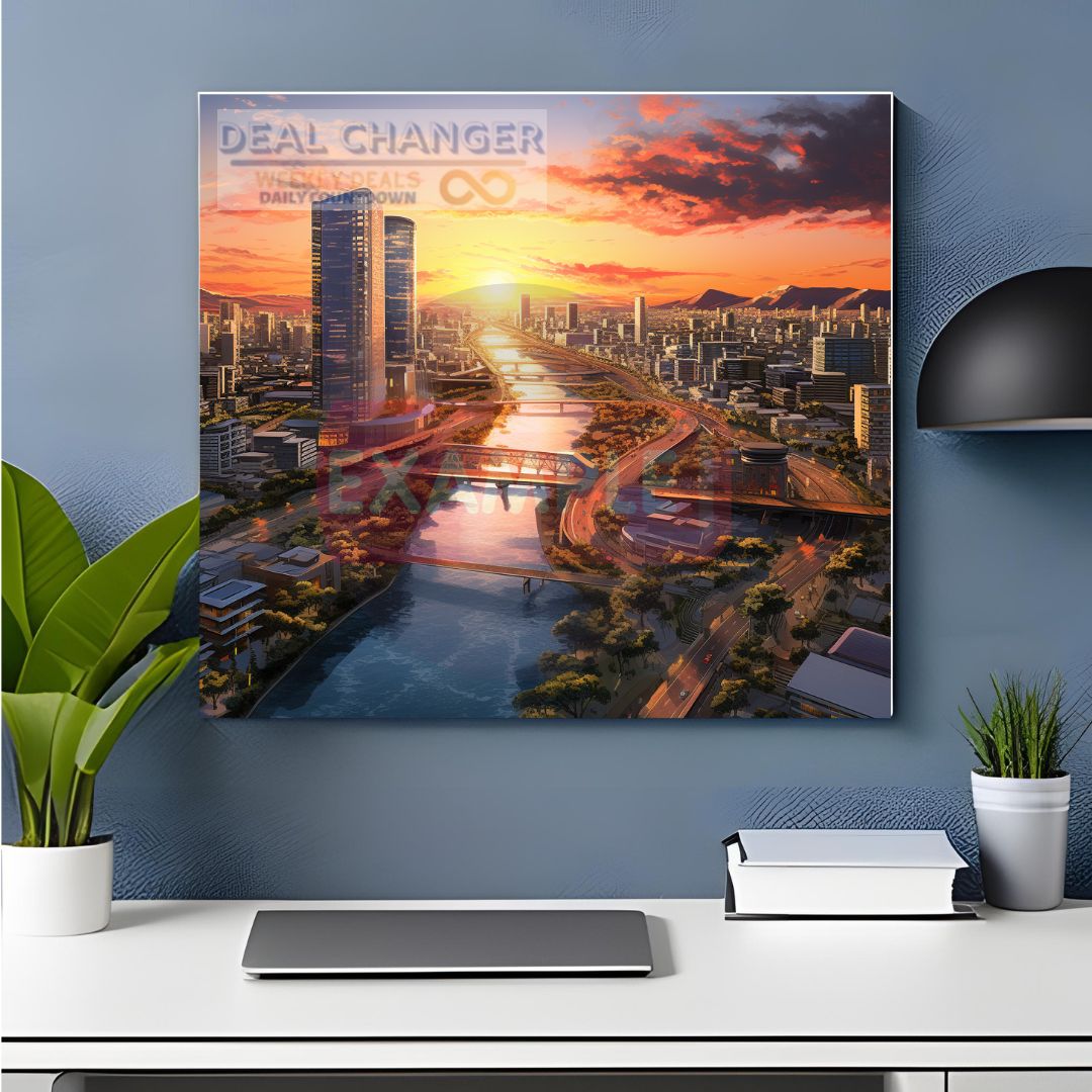 A beautiful square canvas depicting the sunset over Osaka's canals, showcasing vibrant colors and intricate details.