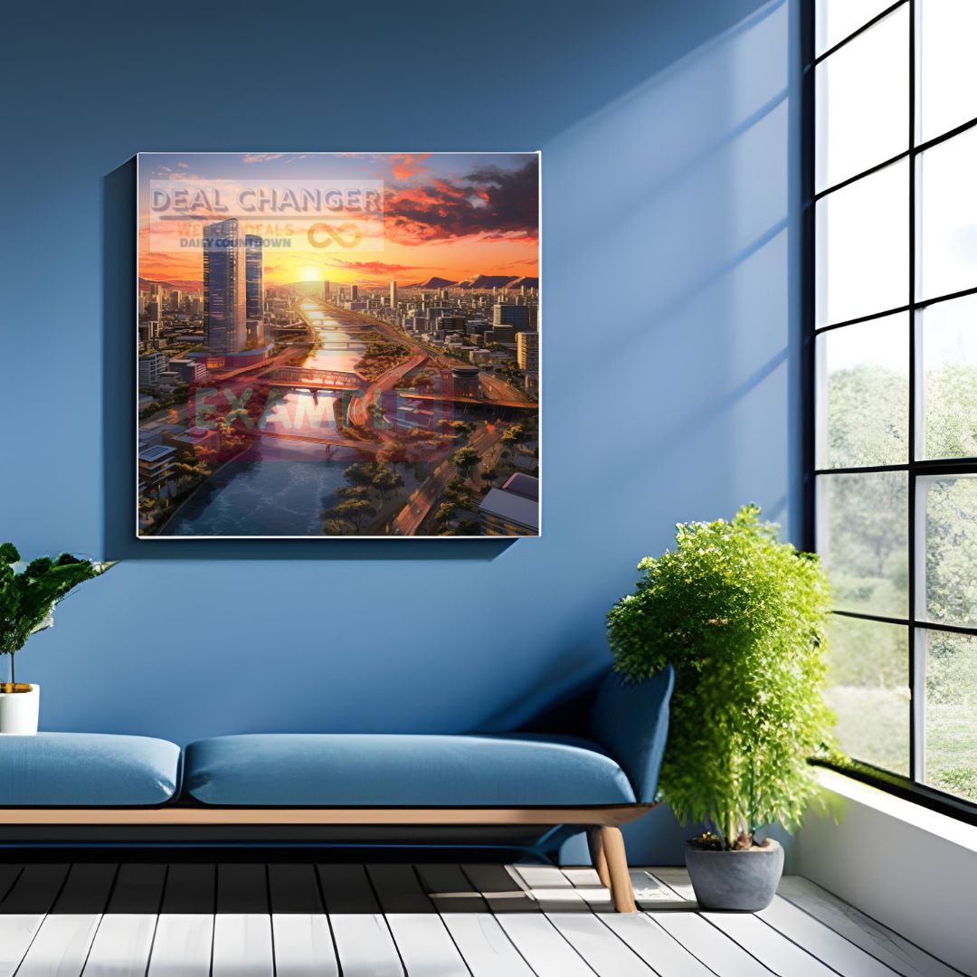 A beautiful square canvas depicting the sunset over Osaka's canals, showcasing vibrant colors and intricate details.