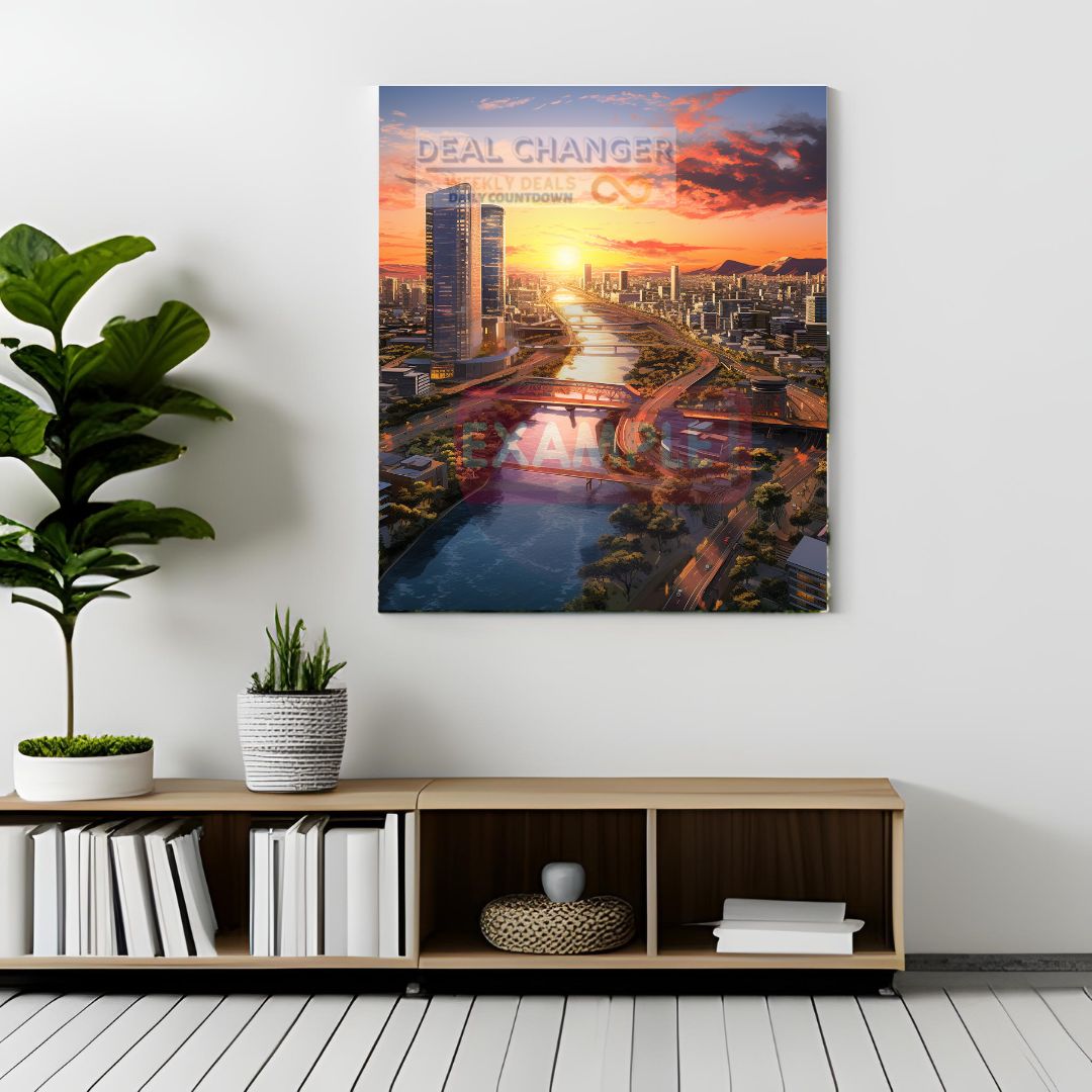 A beautiful square canvas depicting the sunset over Osaka's canals, showcasing vibrant colors and intricate details.