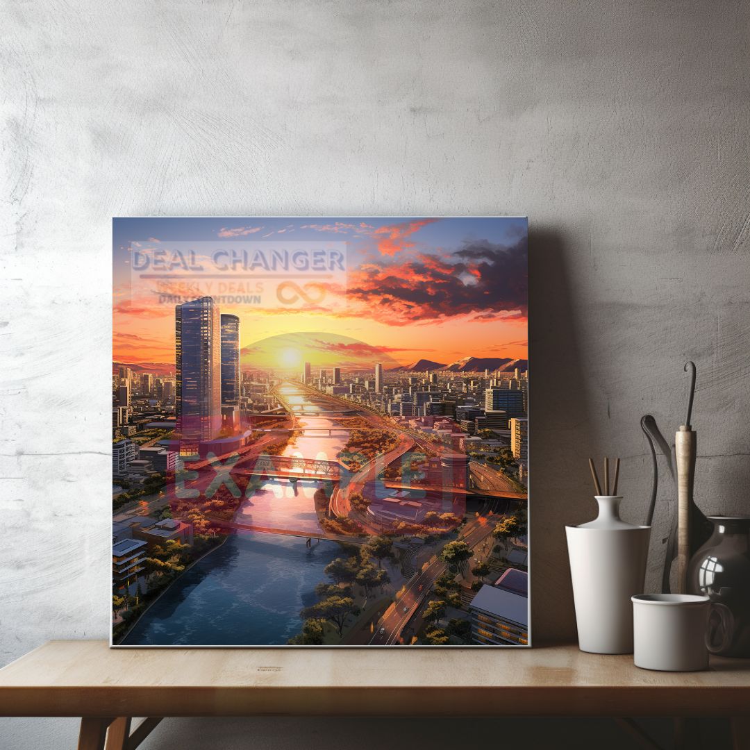 A beautiful square canvas depicting the sunset over Osaka's canals, showcasing vibrant colors and intricate details.