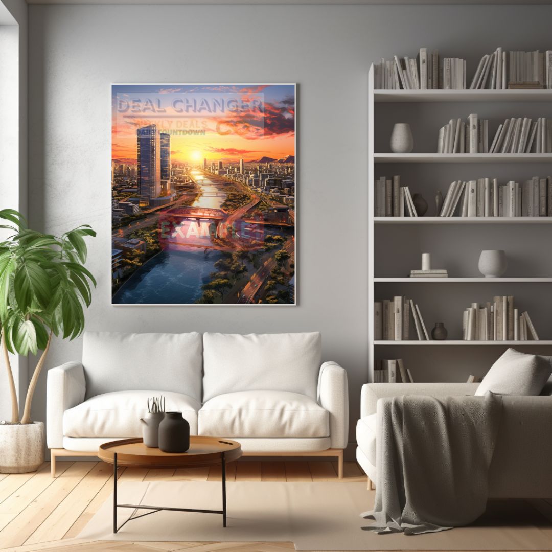 A beautiful square canvas depicting the sunset over Osaka's canals, showcasing vibrant colors and intricate details.