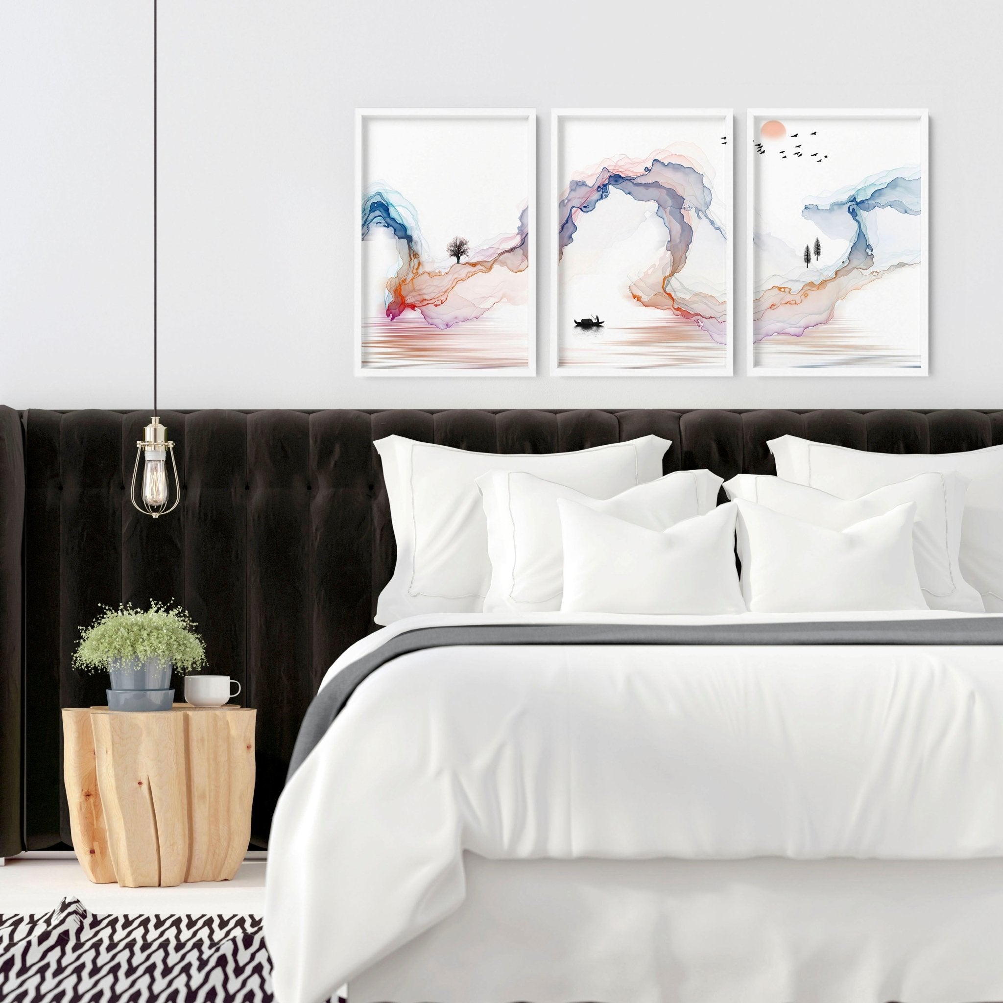 Set of 3 Japanese minimalist wall art prints featuring serene rainbow landscapes, perfect for bedroom decor.