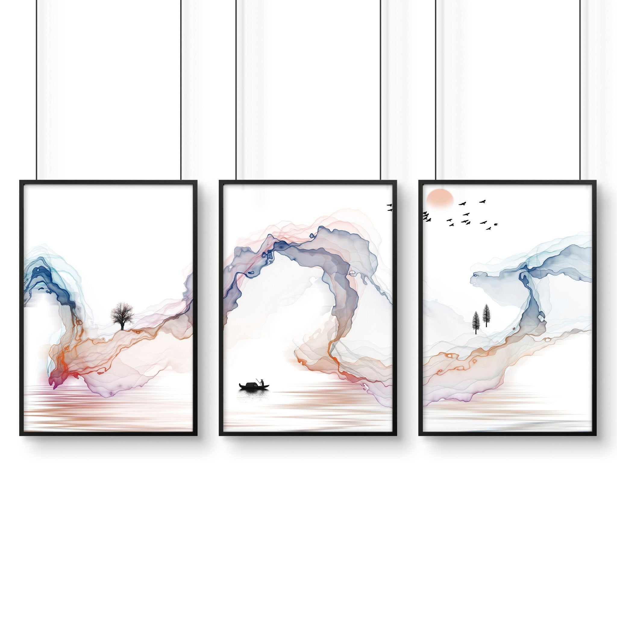 Set of 3 Japanese minimalist wall art prints featuring serene rainbow landscapes, perfect for bedroom decor.