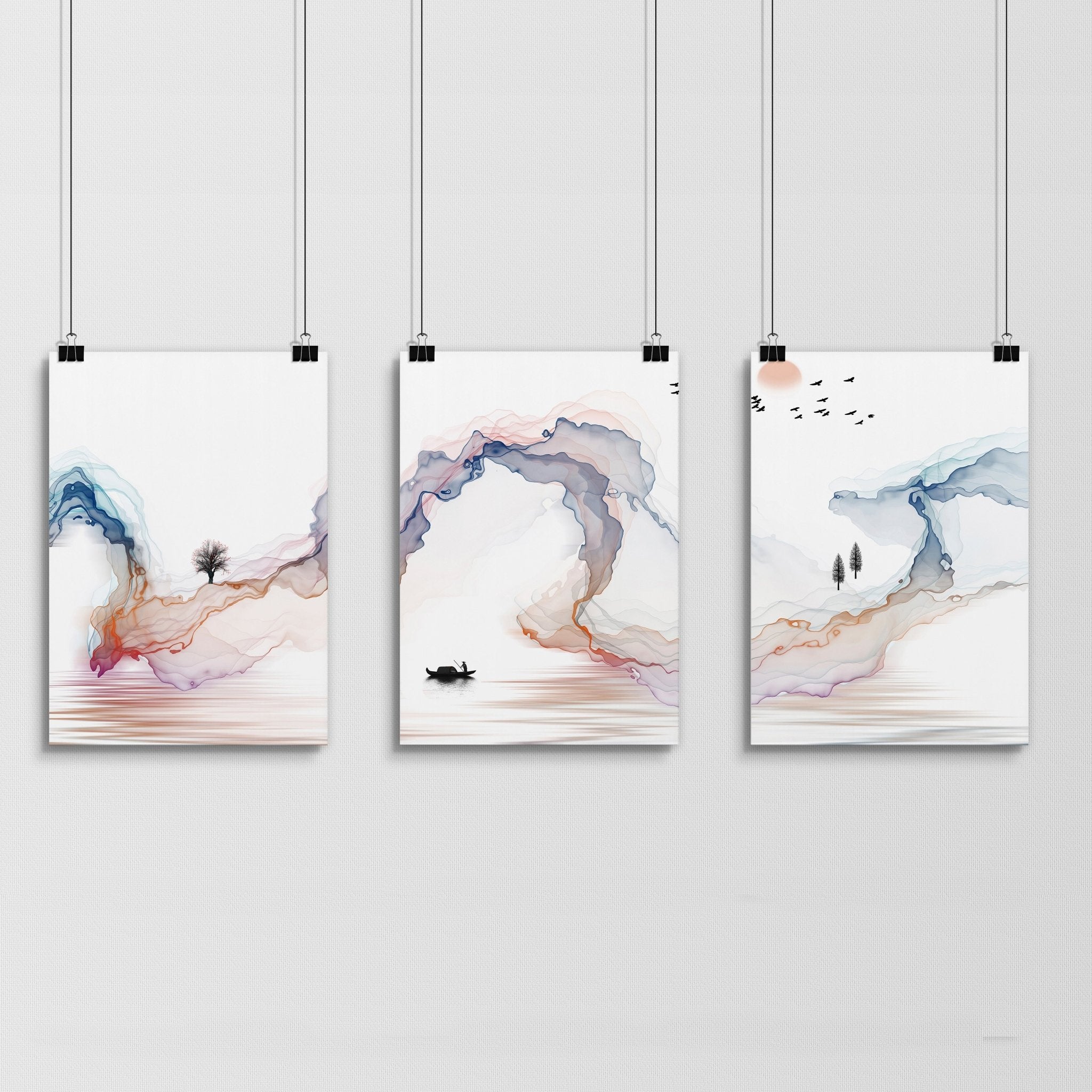 Set of 3 Japanese minimalist wall art prints featuring serene rainbow landscapes, perfect for bedroom decor.