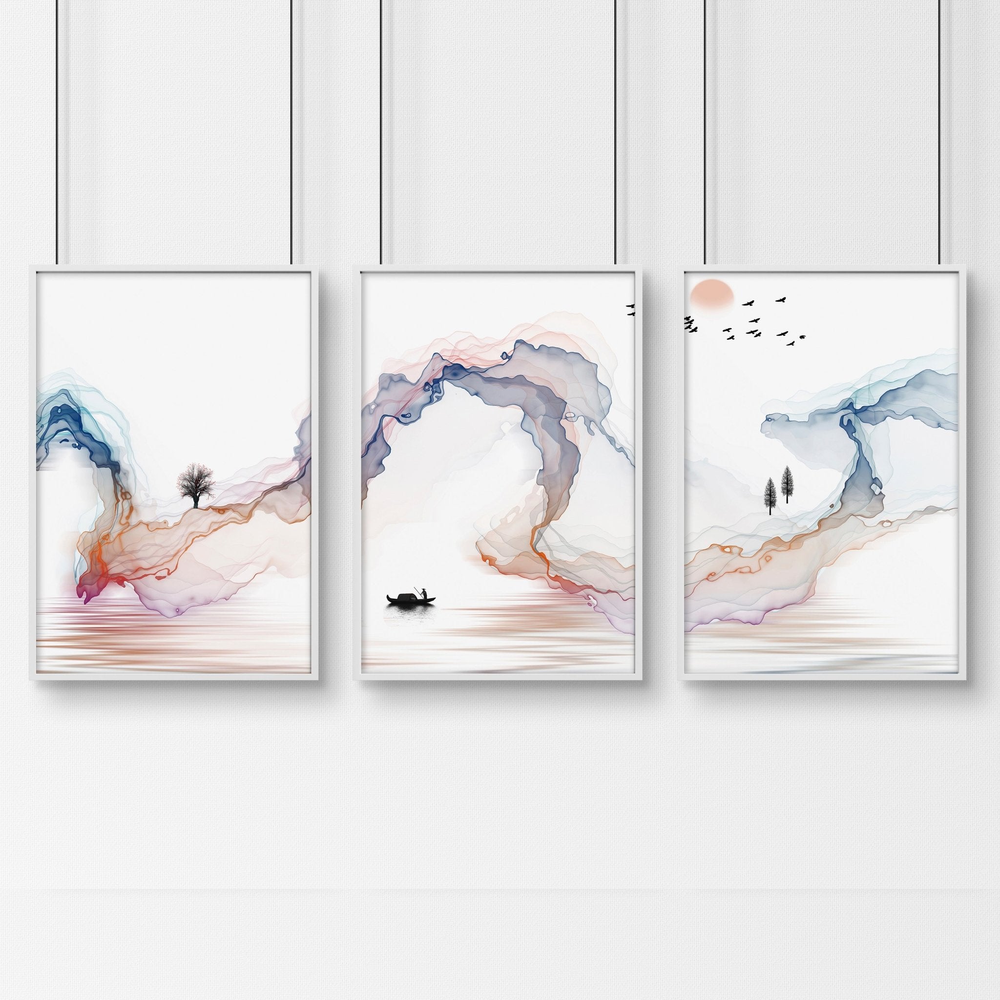 Set of 3 Japanese minimalist wall art prints featuring serene rainbow landscapes, perfect for bedroom decor.