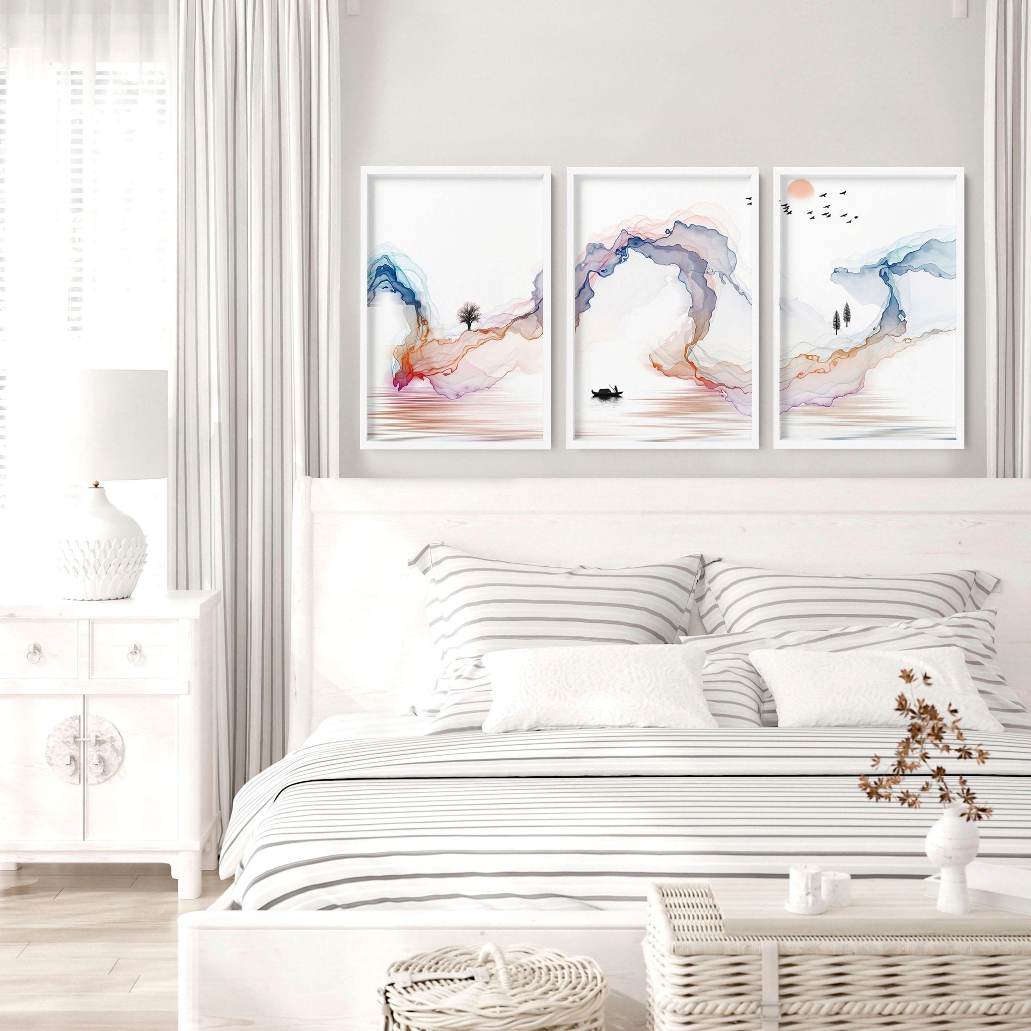 Set of 3 Japanese minimalist wall art prints featuring serene rainbow landscapes, perfect for bedroom decor.