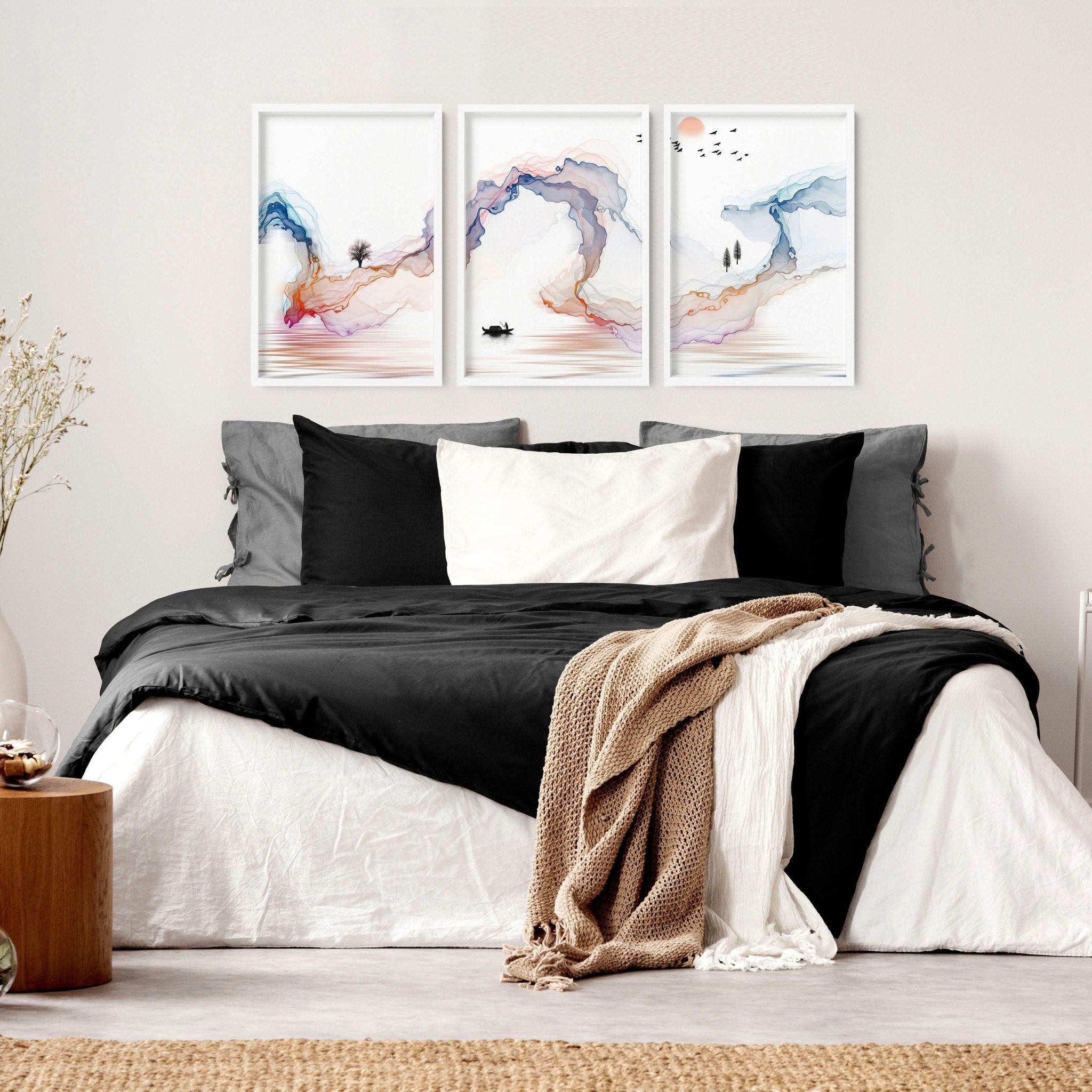 Set of 3 Japanese minimalist wall art prints featuring serene rainbow landscapes, perfect for bedroom decor.