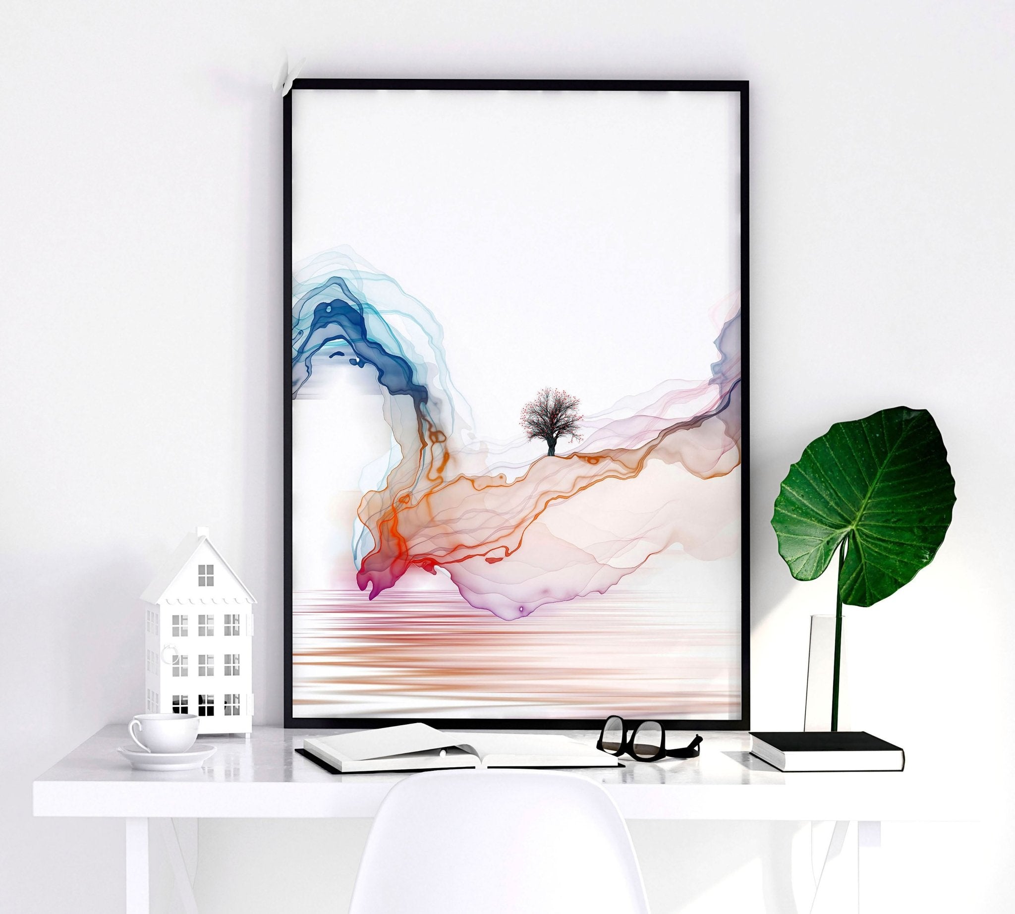 Set of 3 Japanese minimalist wall art prints featuring serene rainbow landscapes, perfect for bedroom decor.