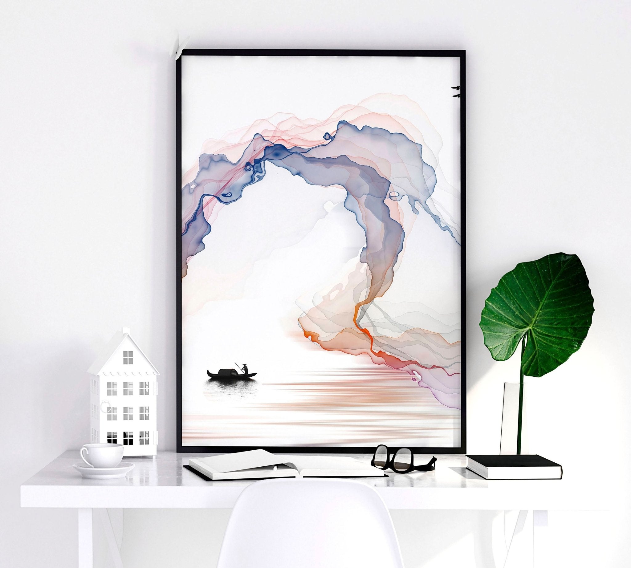 Set of 3 Japanese minimalist wall art prints featuring serene rainbow landscapes, perfect for bedroom decor.