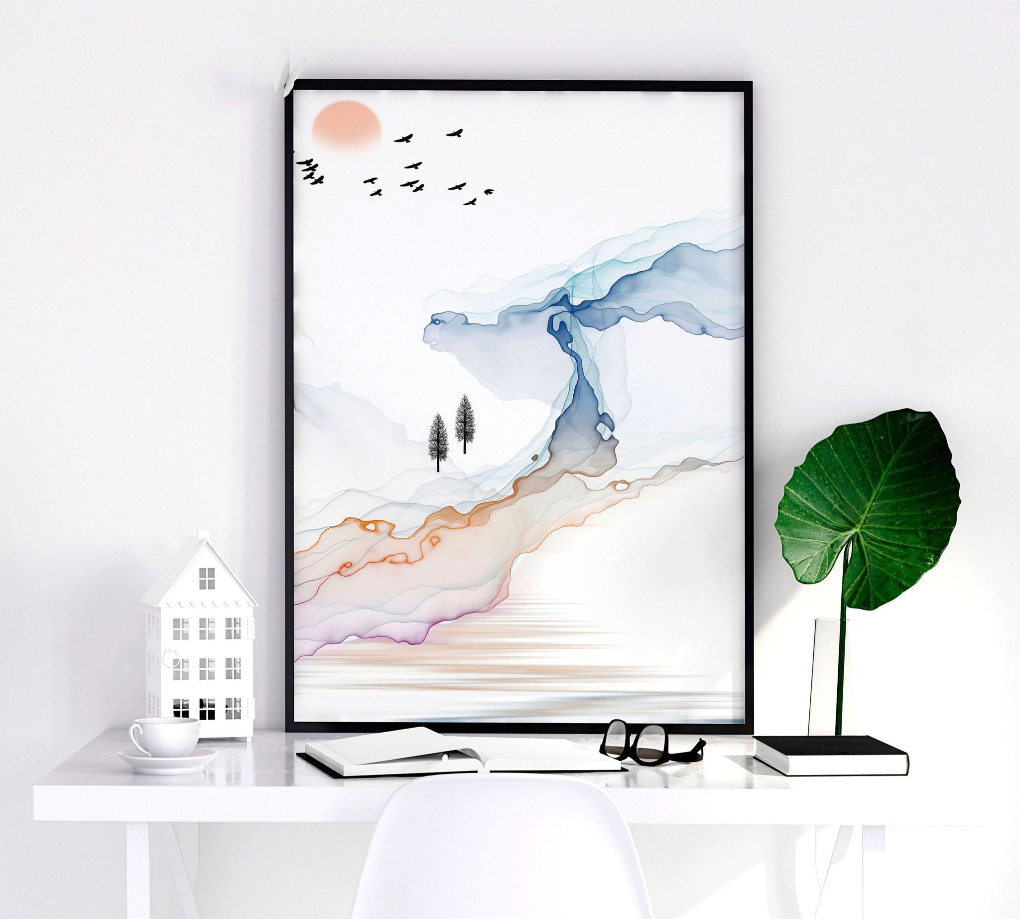 Set of 3 Japanese minimalist wall art prints featuring serene rainbow landscapes, perfect for bedroom decor.