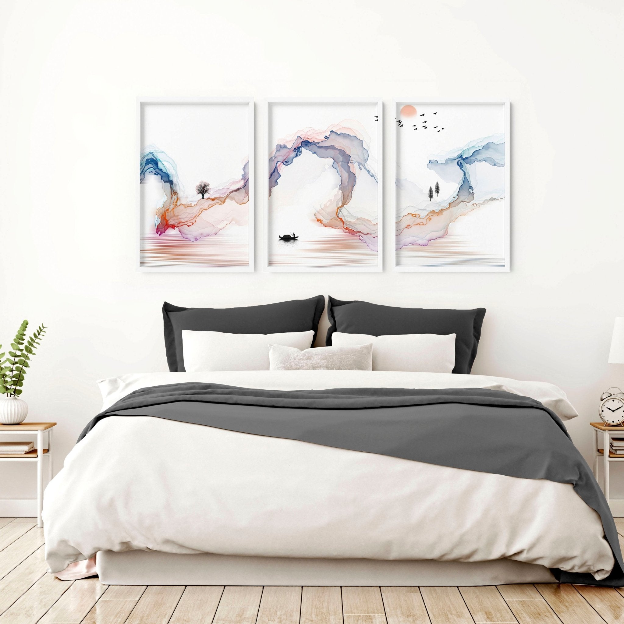 Set of 3 Japanese minimalist wall art prints featuring serene rainbow landscapes, perfect for bedroom decor.