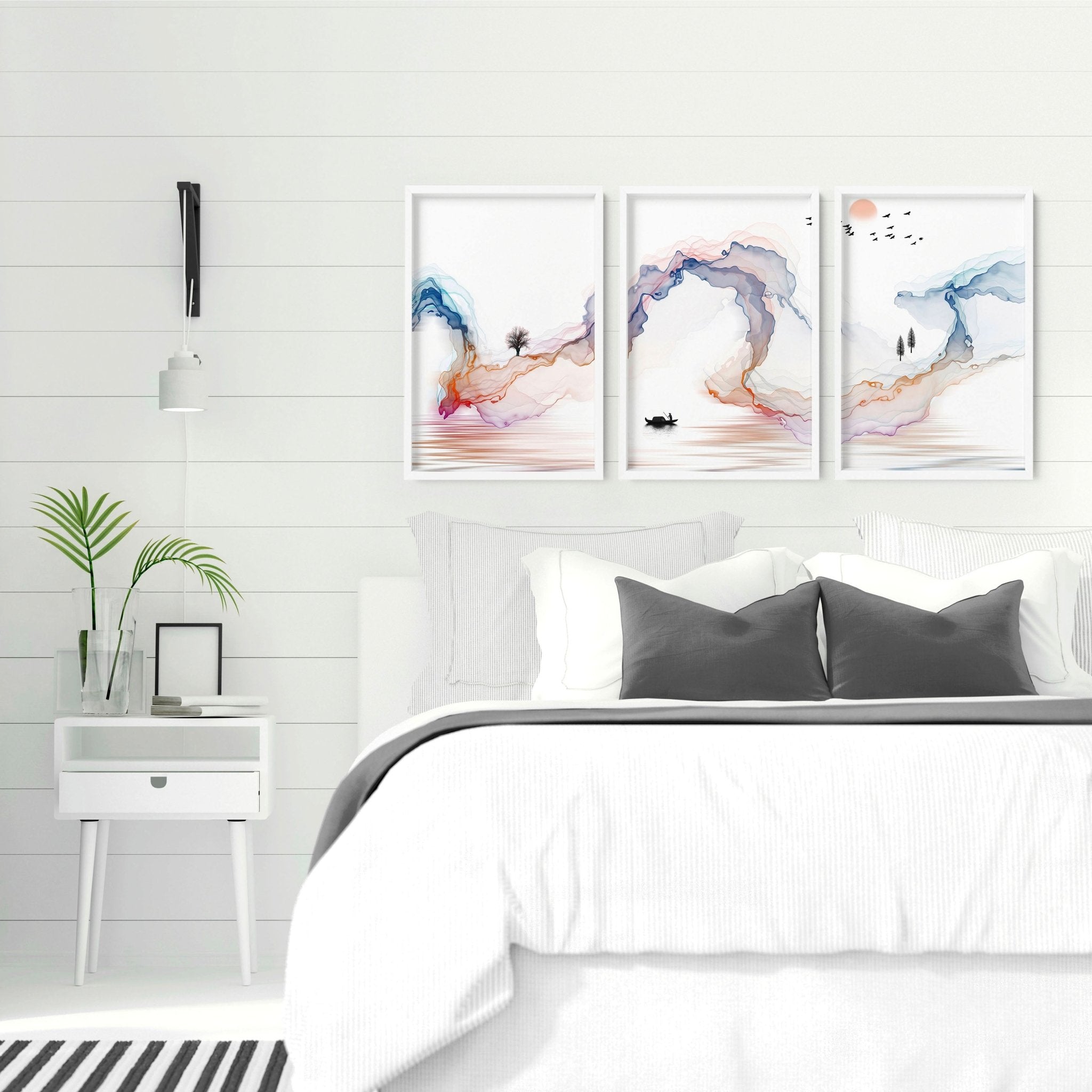 Set of 3 Japanese minimalist wall art prints featuring serene rainbow landscapes, perfect for bedroom decor.