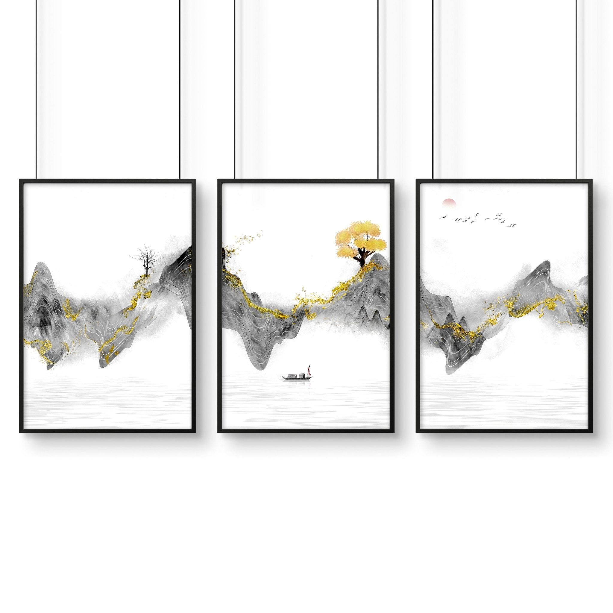 Set of 3 framed Japanese art prints featuring modern designs in grey and gold tones, elegantly displayed on a wall.