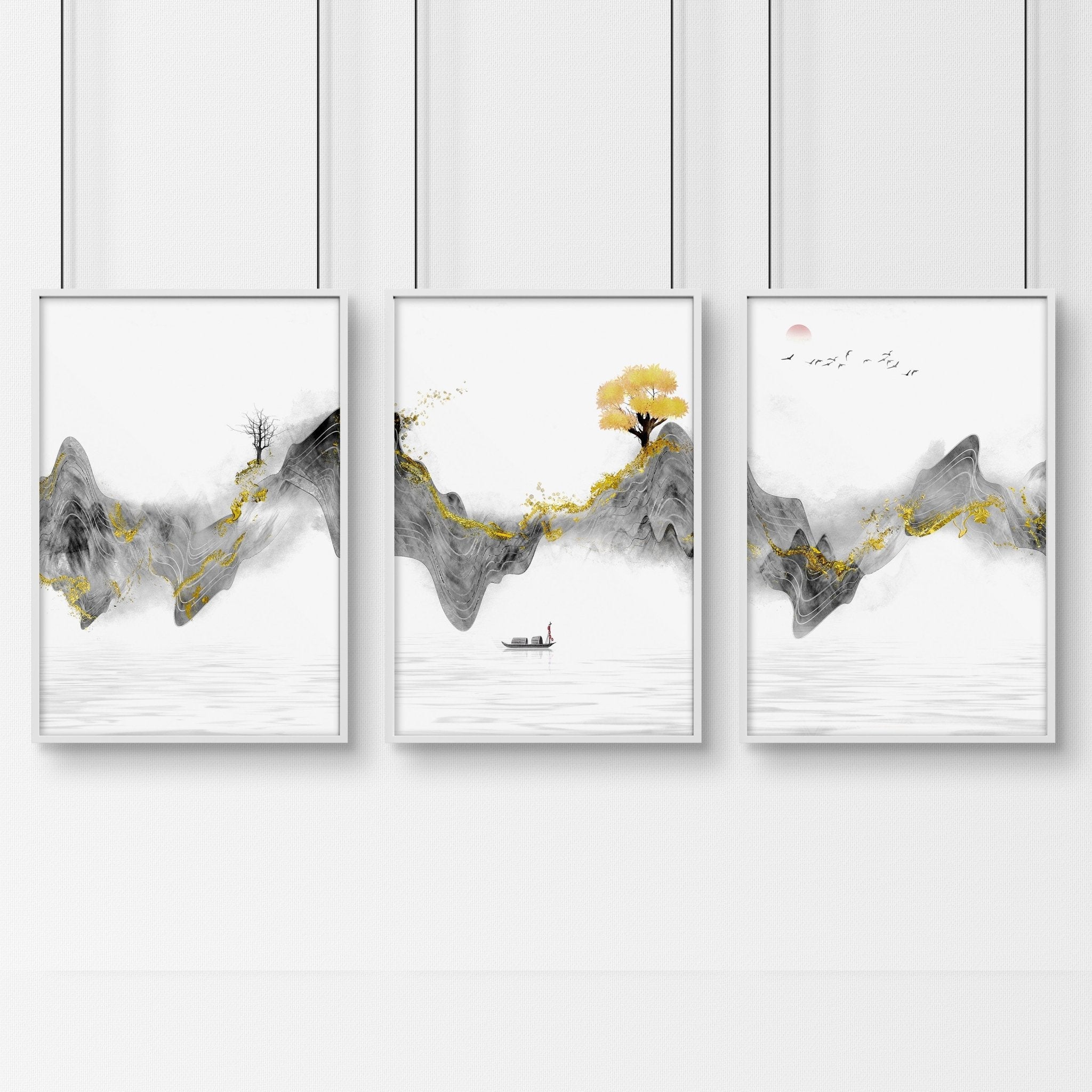 Set of 3 framed Japanese art prints featuring modern designs in grey and gold tones, elegantly displayed on a wall.