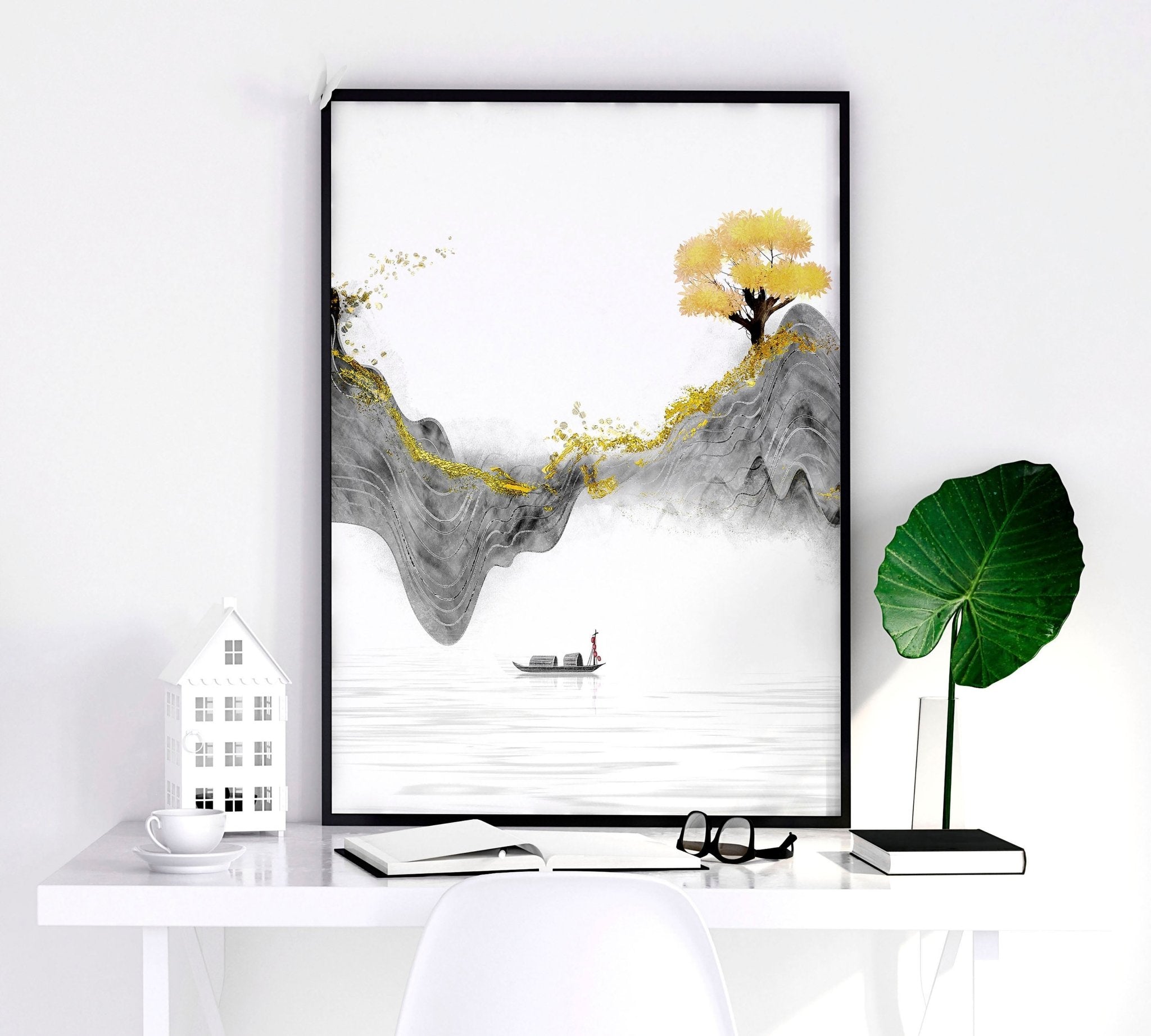 Set of 3 framed Japanese art prints featuring modern designs in grey and gold tones, elegantly displayed on a wall.