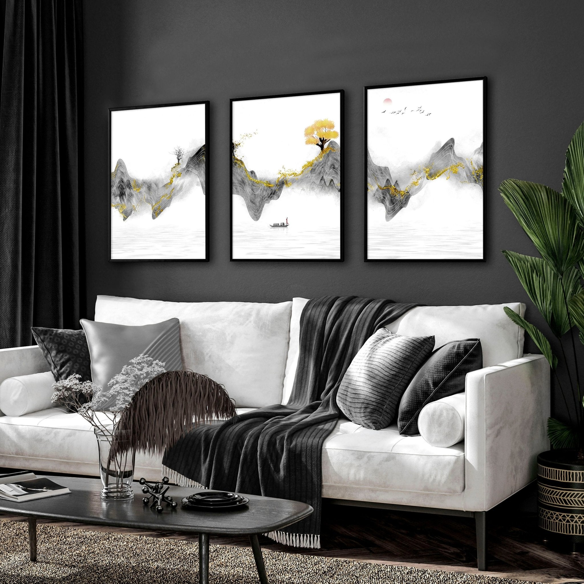 Set of 3 framed Japanese art prints featuring modern designs in grey and gold tones, elegantly displayed on a wall.