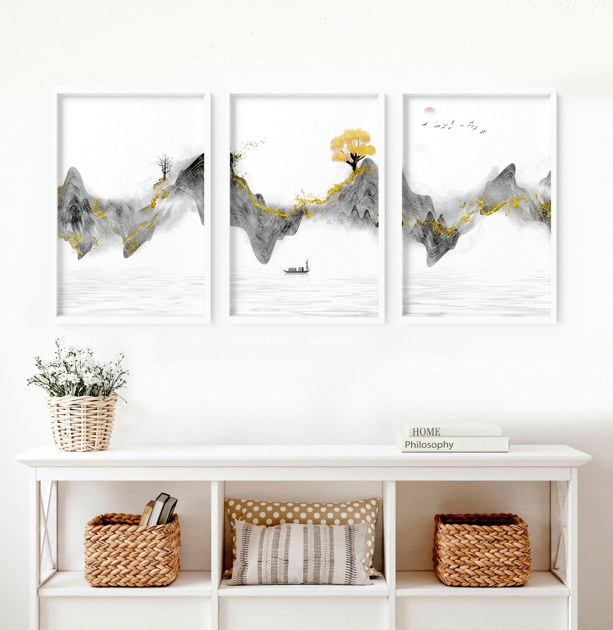 Set of 3 framed Japanese art prints featuring modern designs in grey and gold tones, elegantly displayed on a wall.