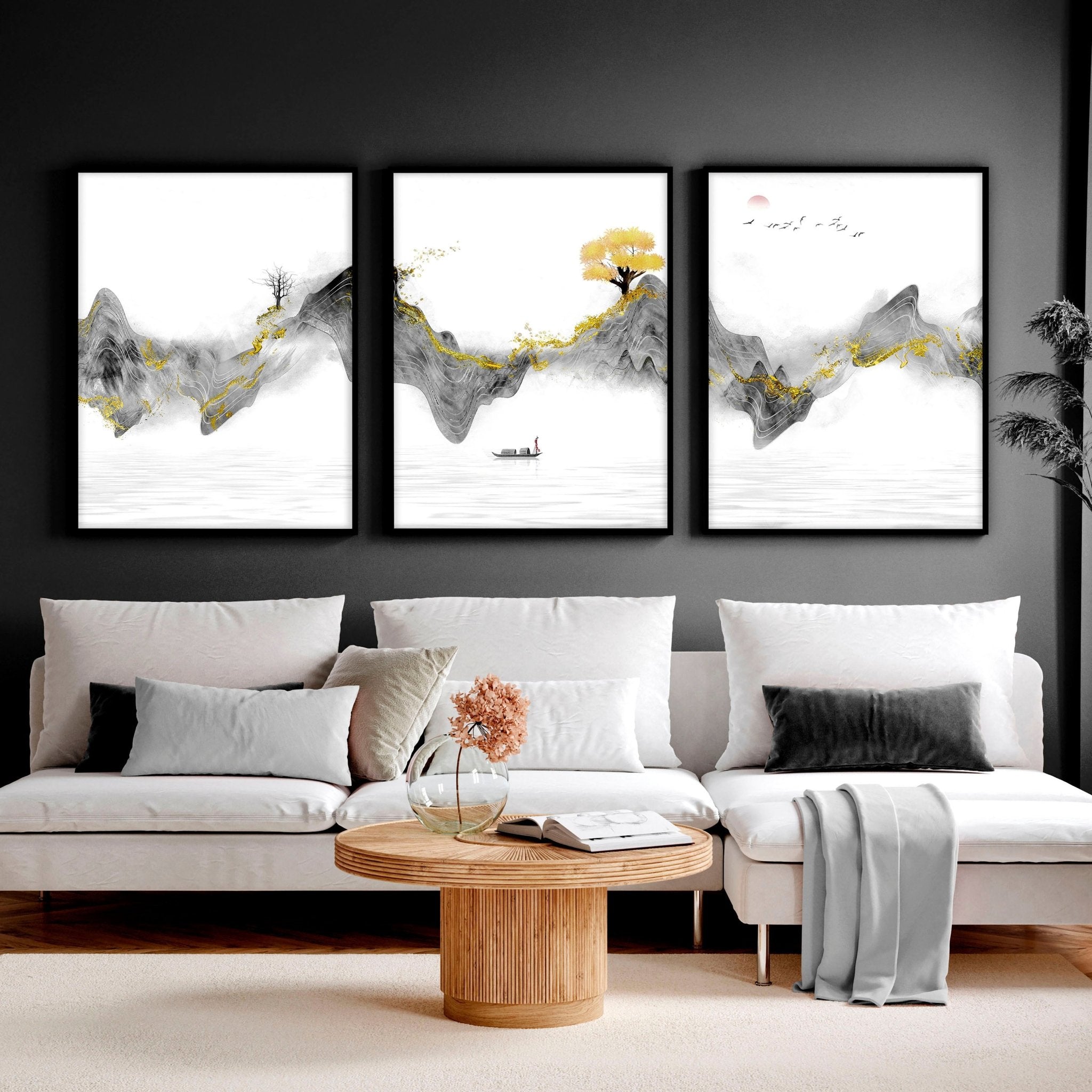 Set of 3 framed Japanese art prints featuring modern designs in grey and gold tones, elegantly displayed on a wall.