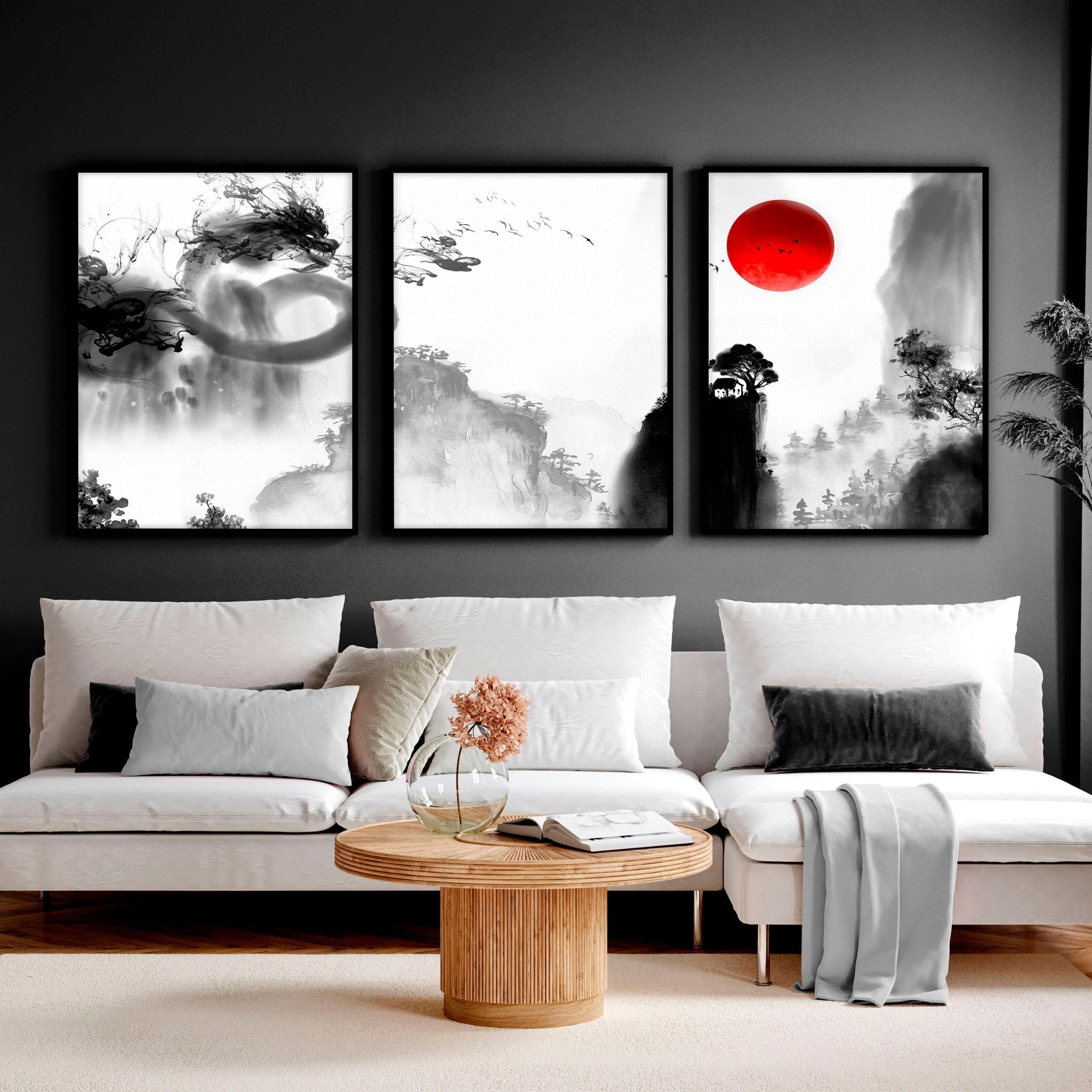 Set of 3 Japanese dragon wall art prints featuring intricate designs in black, white, and red colors, showcasing traditional Japanese art style.