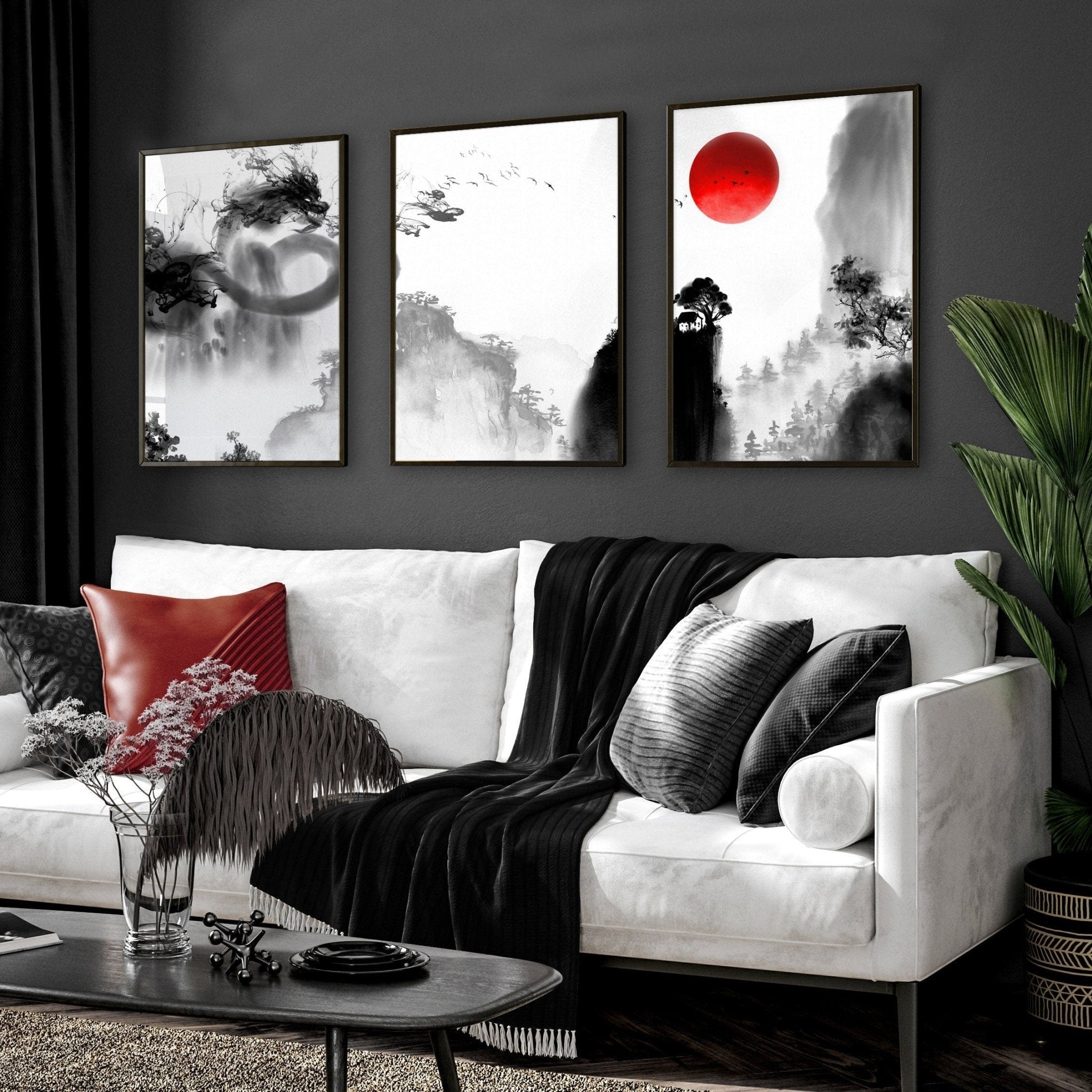 Set of 3 Japanese dragon wall art prints featuring intricate designs in black, white, and red colors, showcasing traditional Japanese art style.