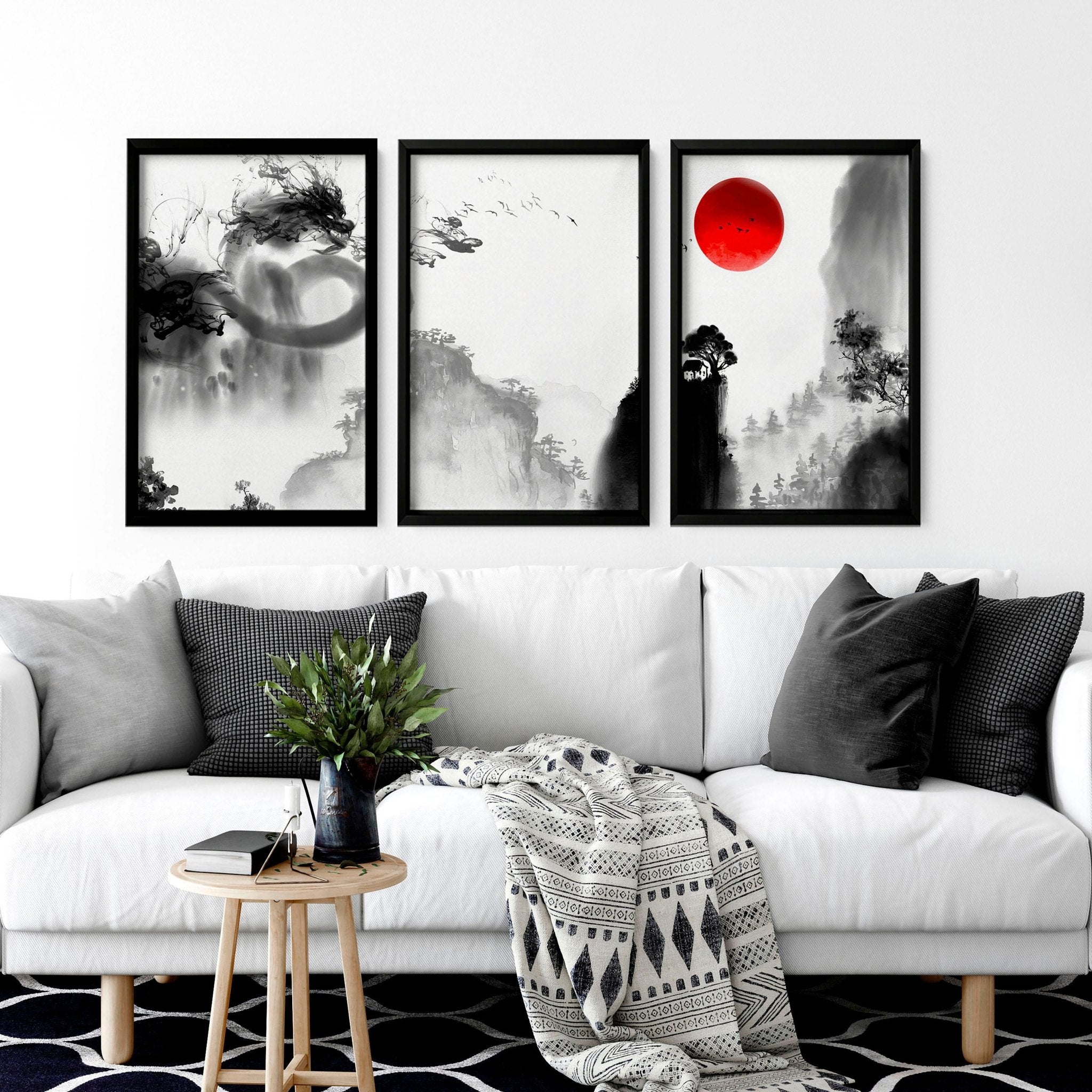 Set of 3 Japanese dragon wall art prints featuring intricate designs in black, white, and red colors, showcasing traditional Japanese art style.