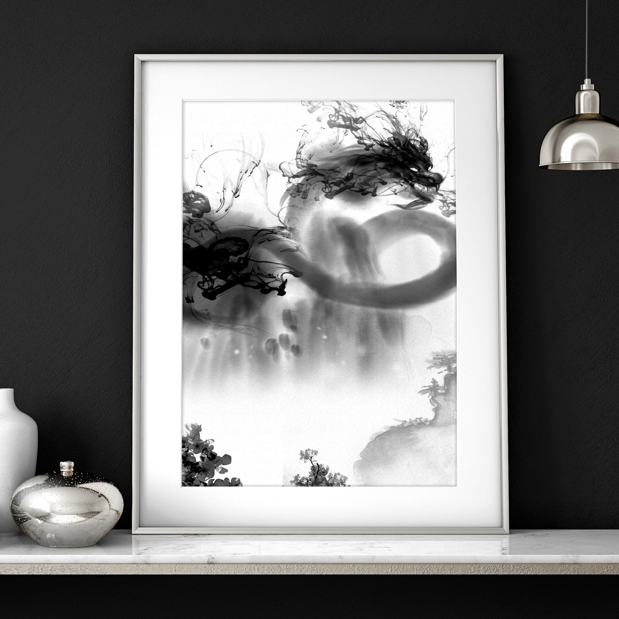 Set of 3 Japanese dragon wall art prints featuring intricate designs in black, white, and red colors, showcasing traditional Japanese art style.