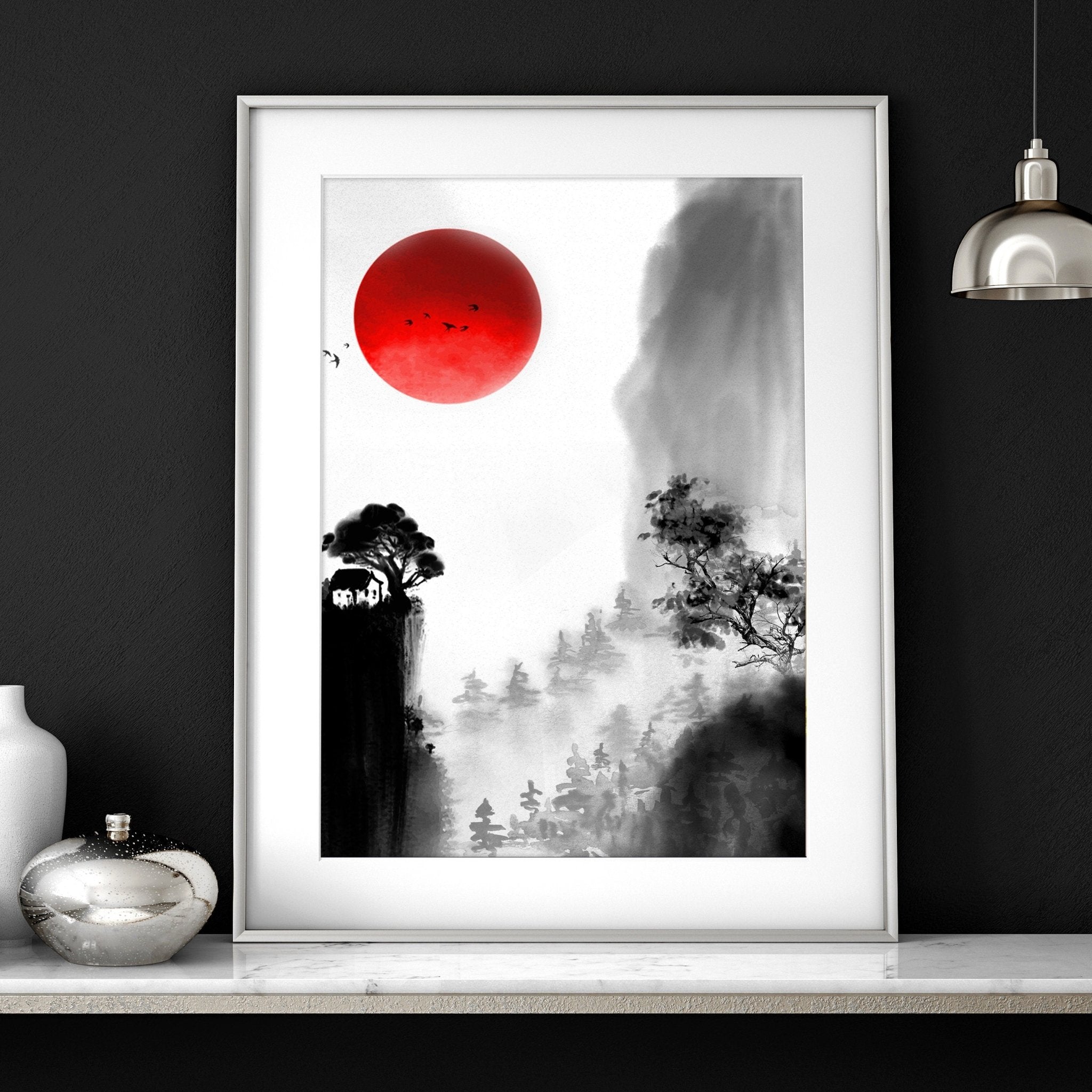 Set of 3 Japanese dragon wall art prints featuring intricate designs in black, white, and red colors, showcasing traditional Japanese art style.