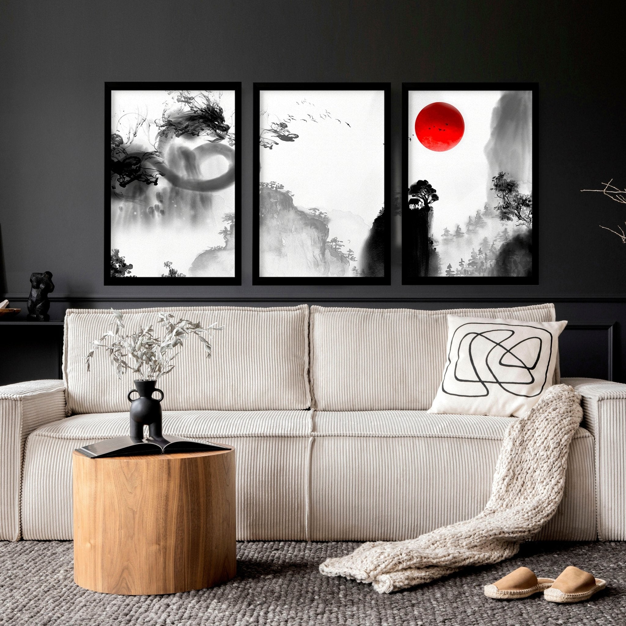 Set of 3 Japanese dragon wall art prints featuring intricate designs in black, white, and red colors, showcasing traditional Japanese art style.