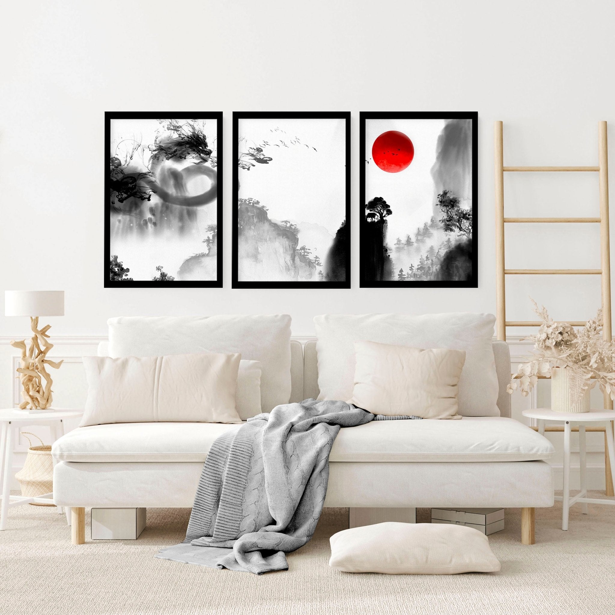 Set of 3 Japanese dragon wall art prints featuring intricate designs in black, white, and red colors, showcasing traditional Japanese art style.