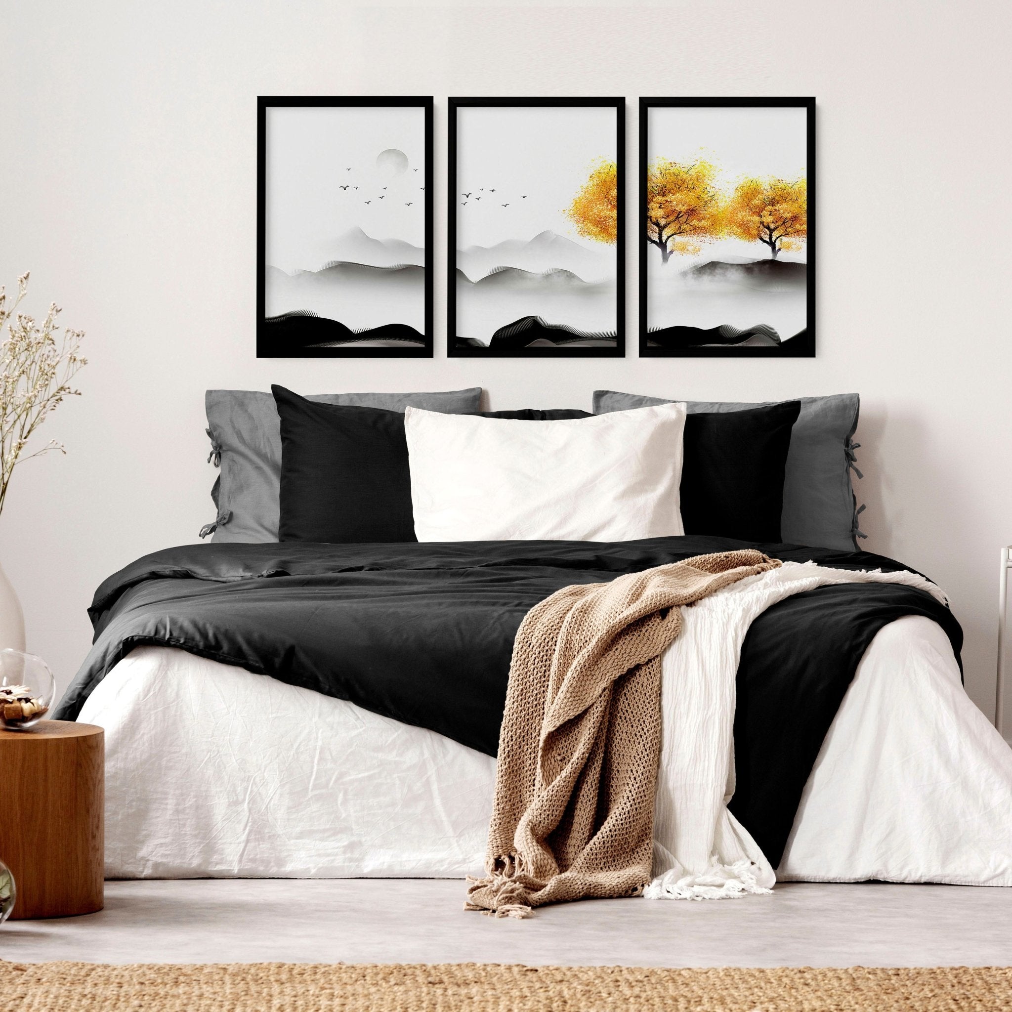 Set of 3 wall art prints featuring serene Japanese landscapes, perfect for bedroom decor.