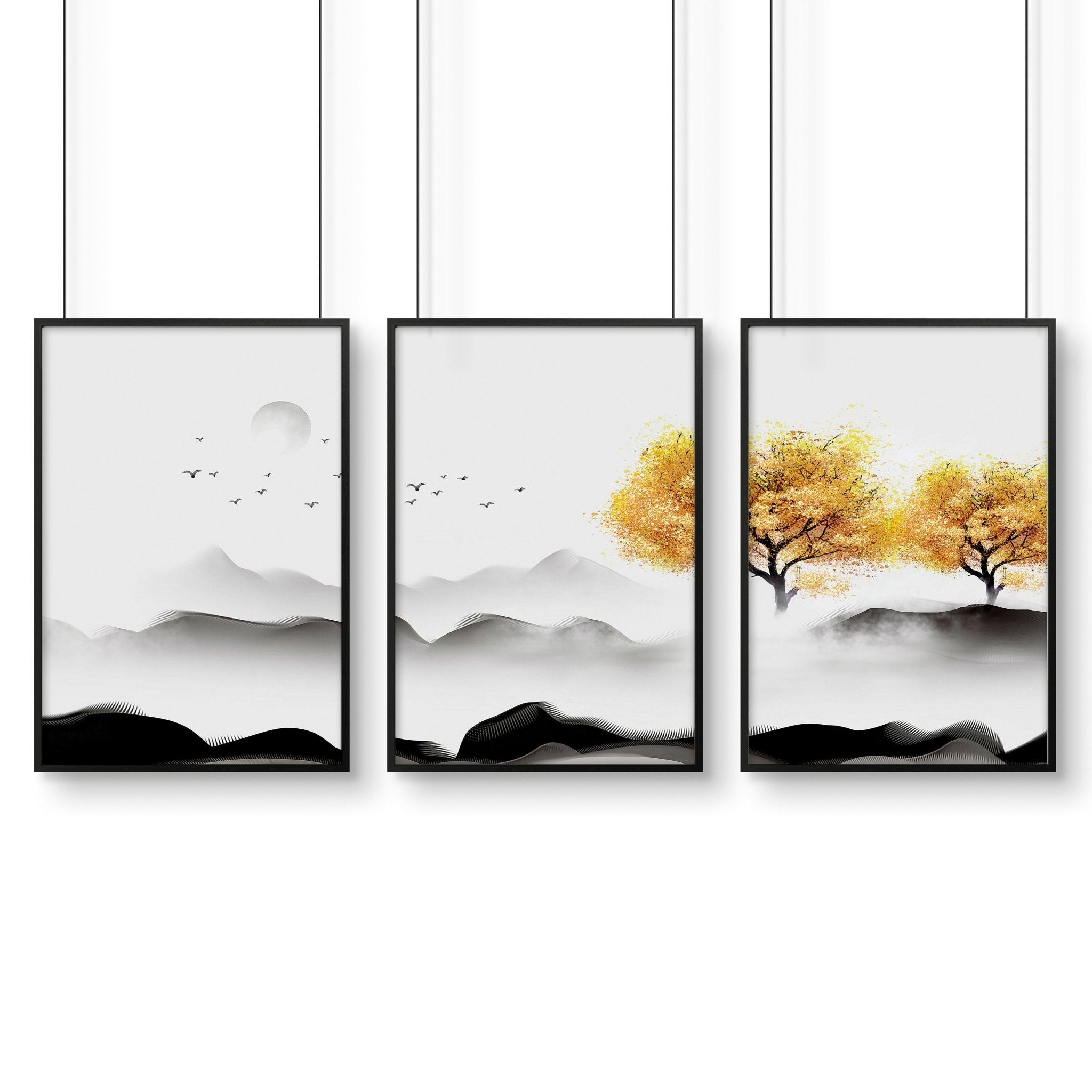 Set of 3 wall art prints featuring serene Japanese landscapes, perfect for bedroom decor.