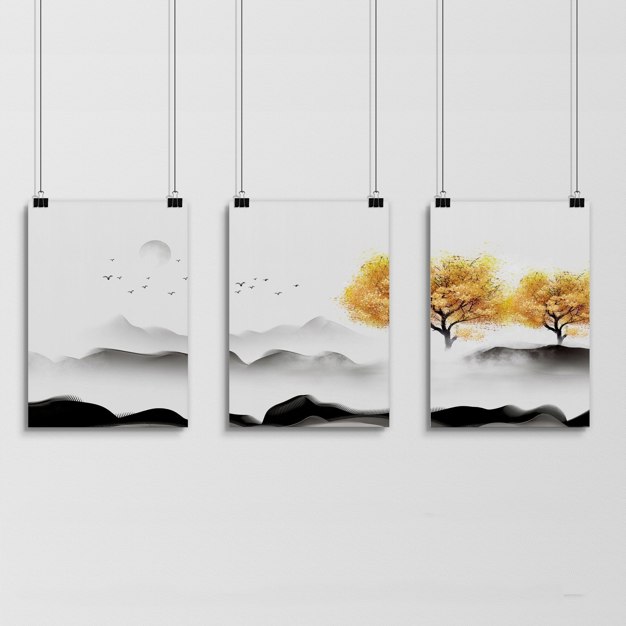 Set of 3 wall art prints featuring serene Japanese landscapes, perfect for bedroom decor.