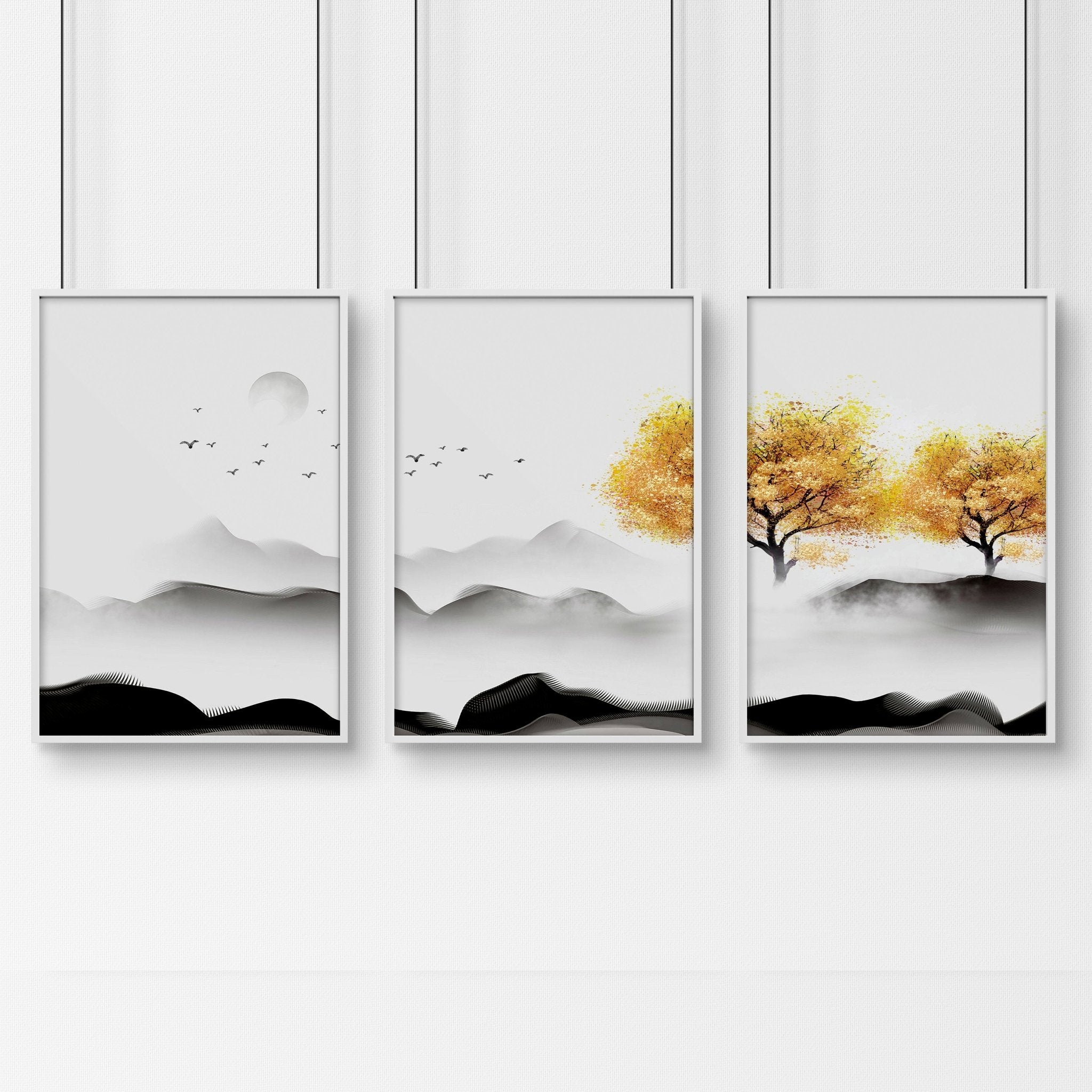 Set of 3 wall art prints featuring serene Japanese landscapes, perfect for bedroom decor.