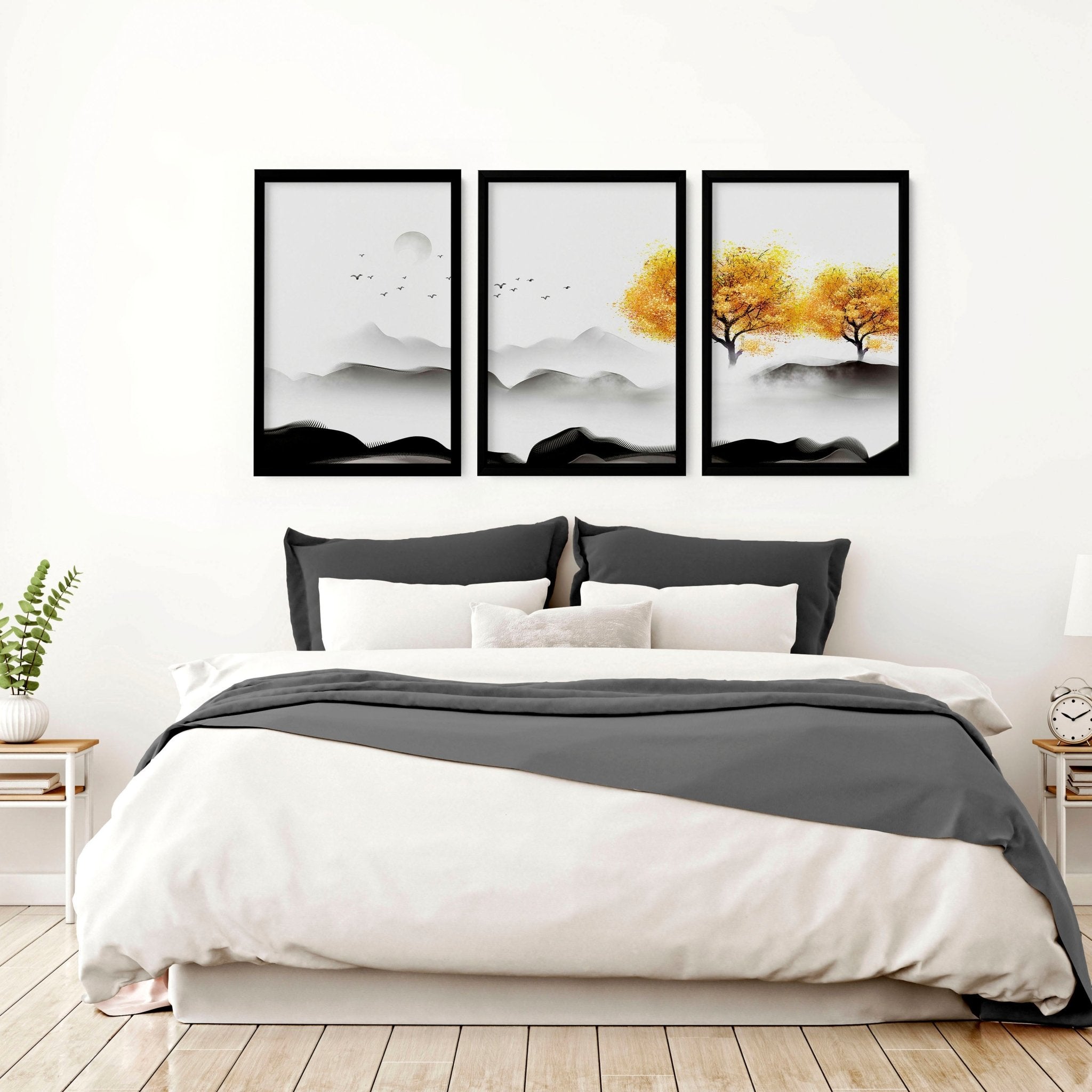 Set of 3 wall art prints featuring serene Japanese landscapes, perfect for bedroom decor.