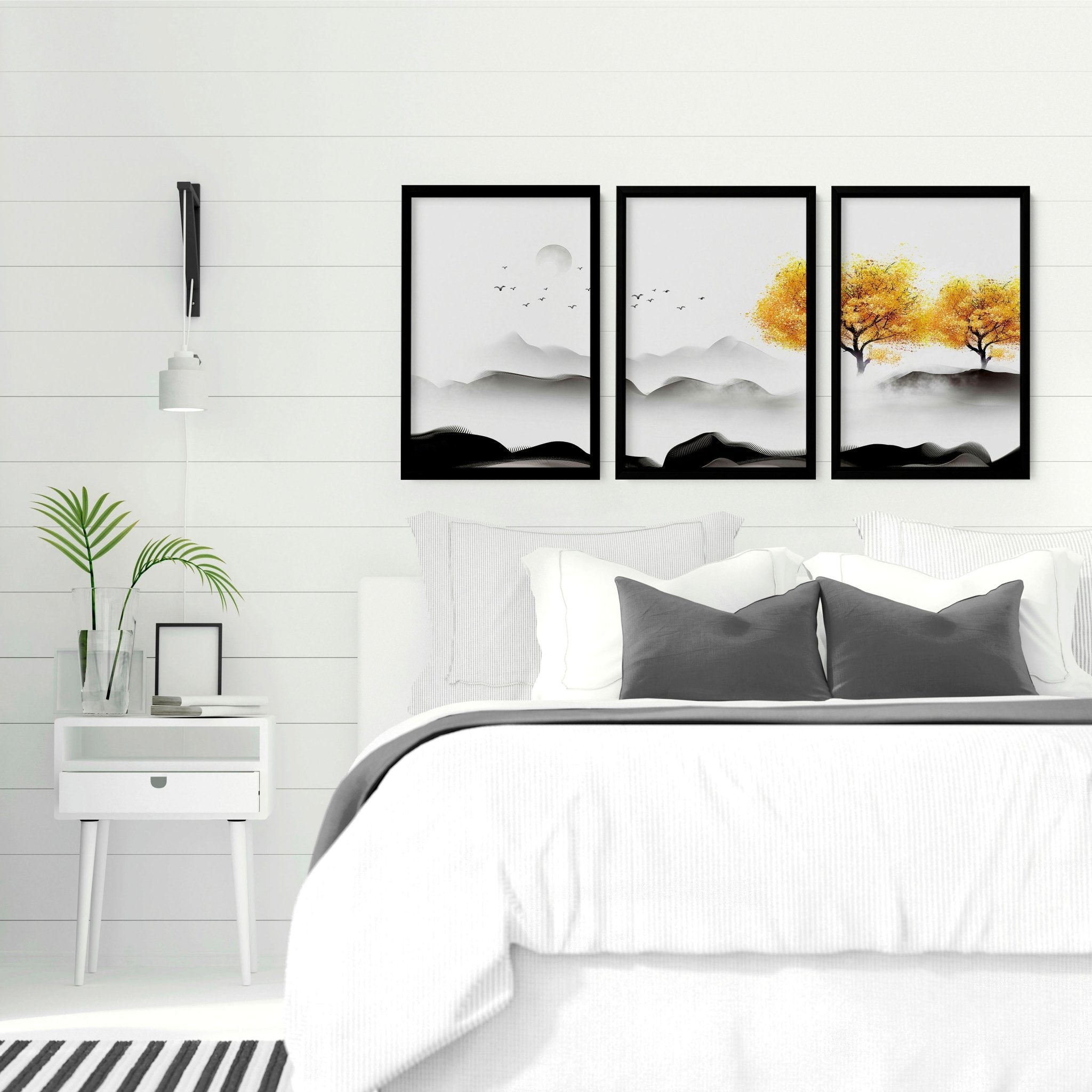 Set of 3 wall art prints featuring serene Japanese landscapes, perfect for bedroom decor.