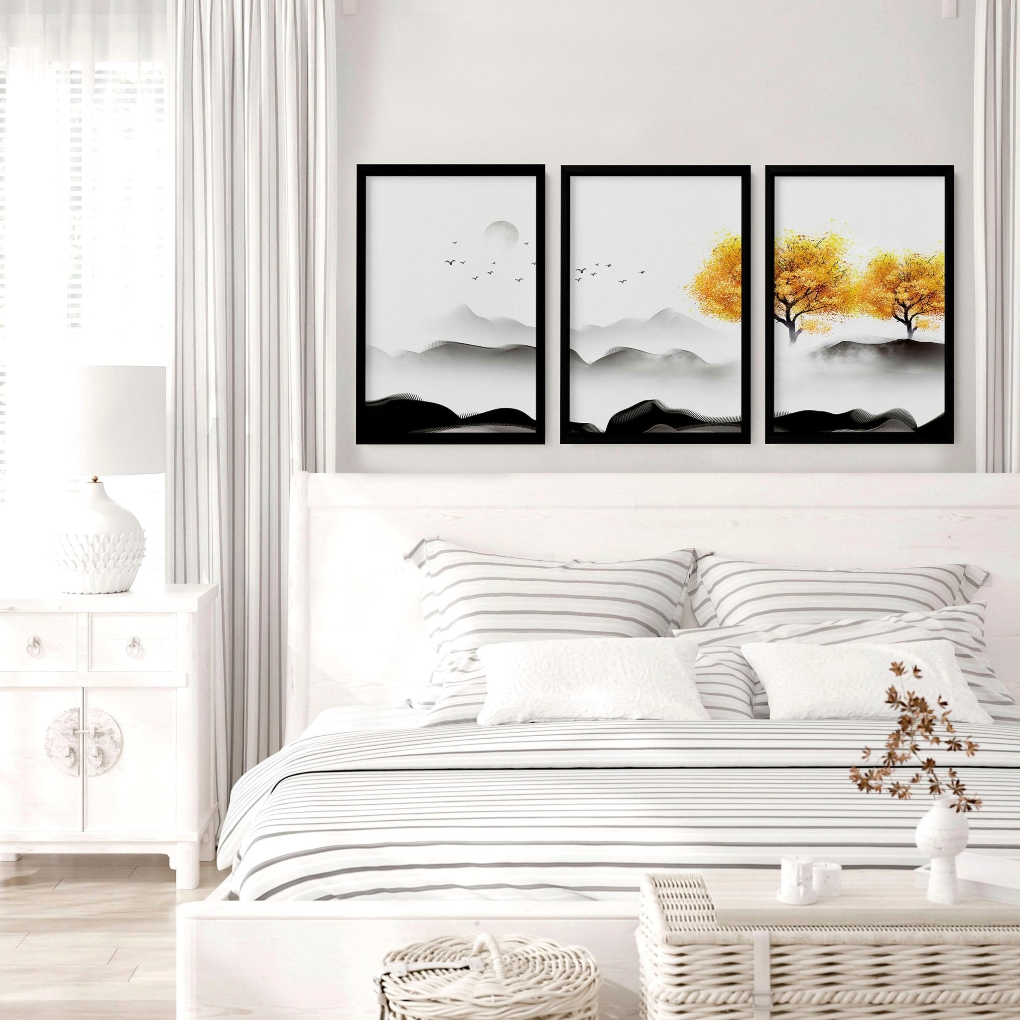 Set of 3 wall art prints featuring serene Japanese landscapes, perfect for bedroom decor.